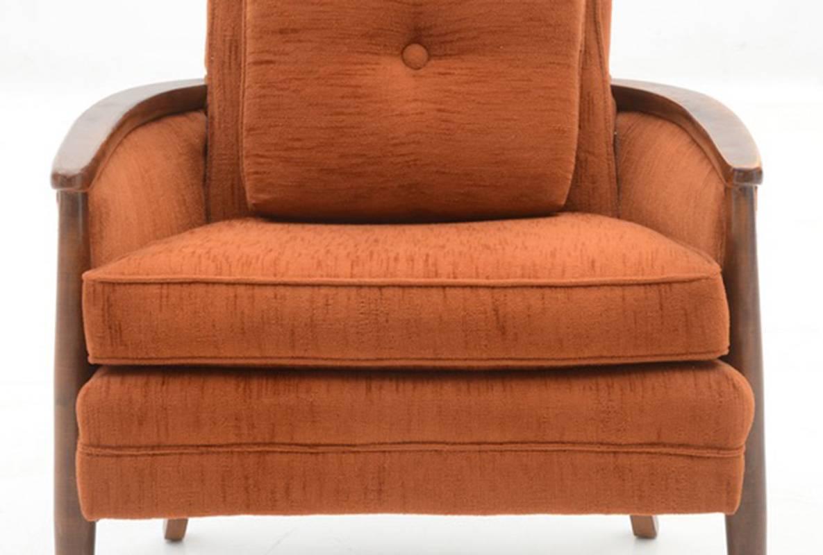 Pair of circa 1970s Vintage Armchairs, Upholstered in Burnt Orange Fabric In Good Condition For Sale In Bronx, NY