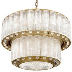1940s Austrian Two Tiered Fluted Glass and Brass Chandelier