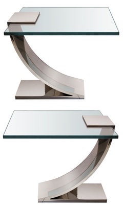Pair Of Polished Nickel And Glass Side Tables