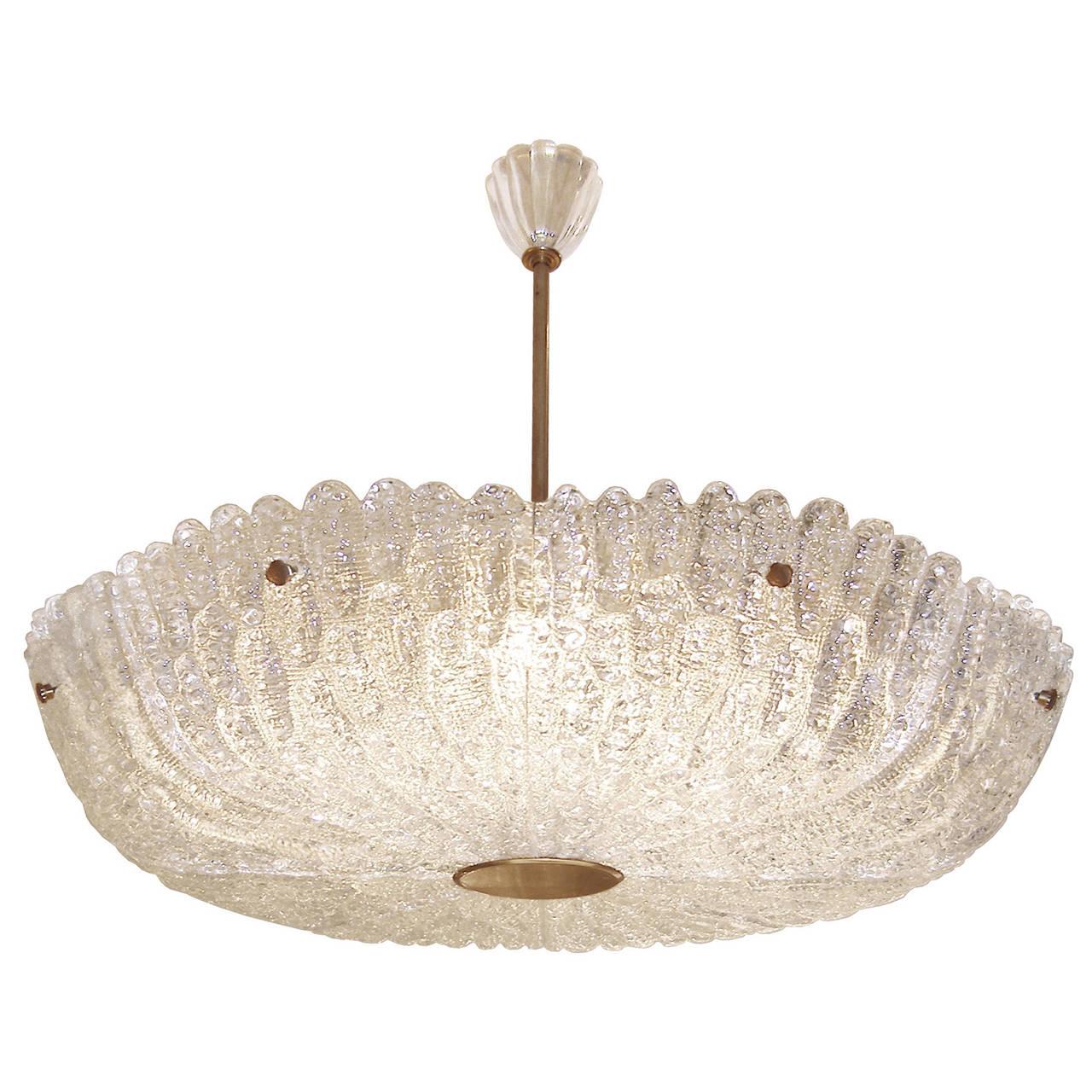 Swedish Orrefors Textured Crystal and Brass Chandelier For Sale