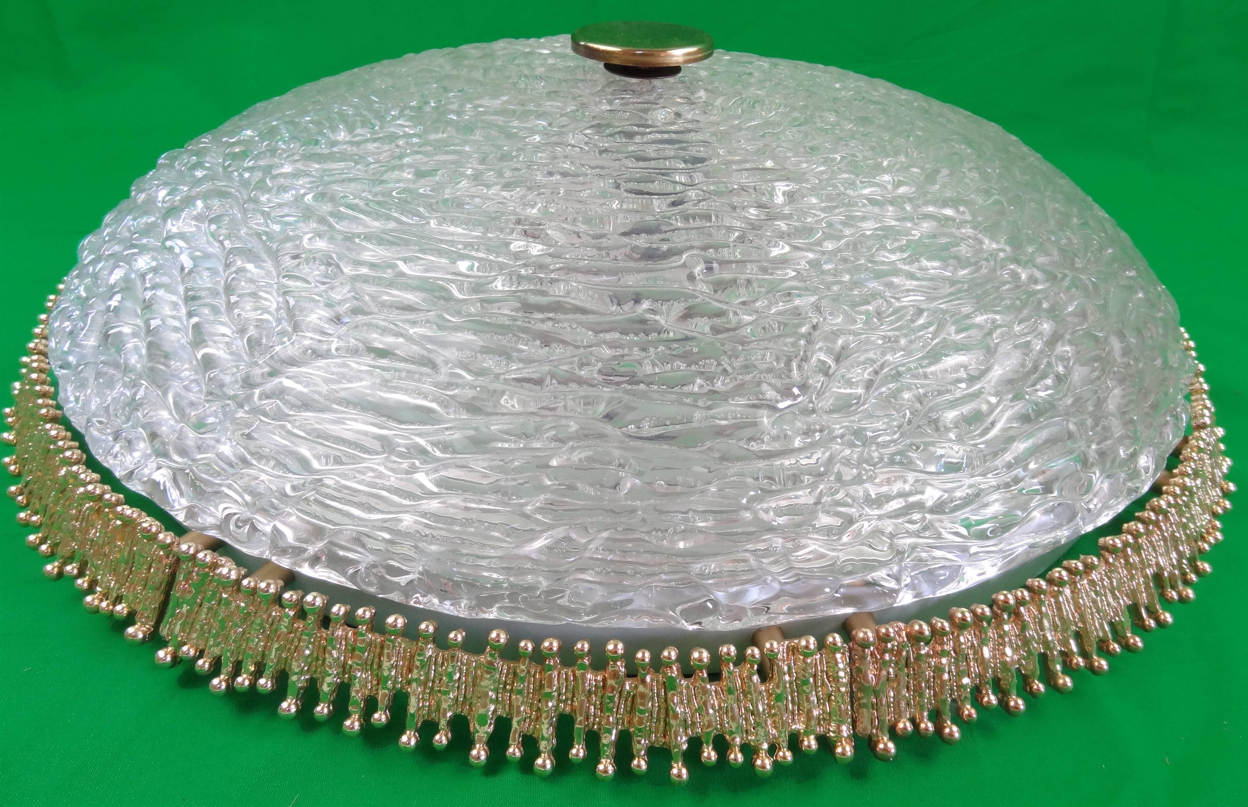 20th Century Textured Clear Glass and Brass Fixture by Hillebrand or Kaise. Two (2) Available For Sale