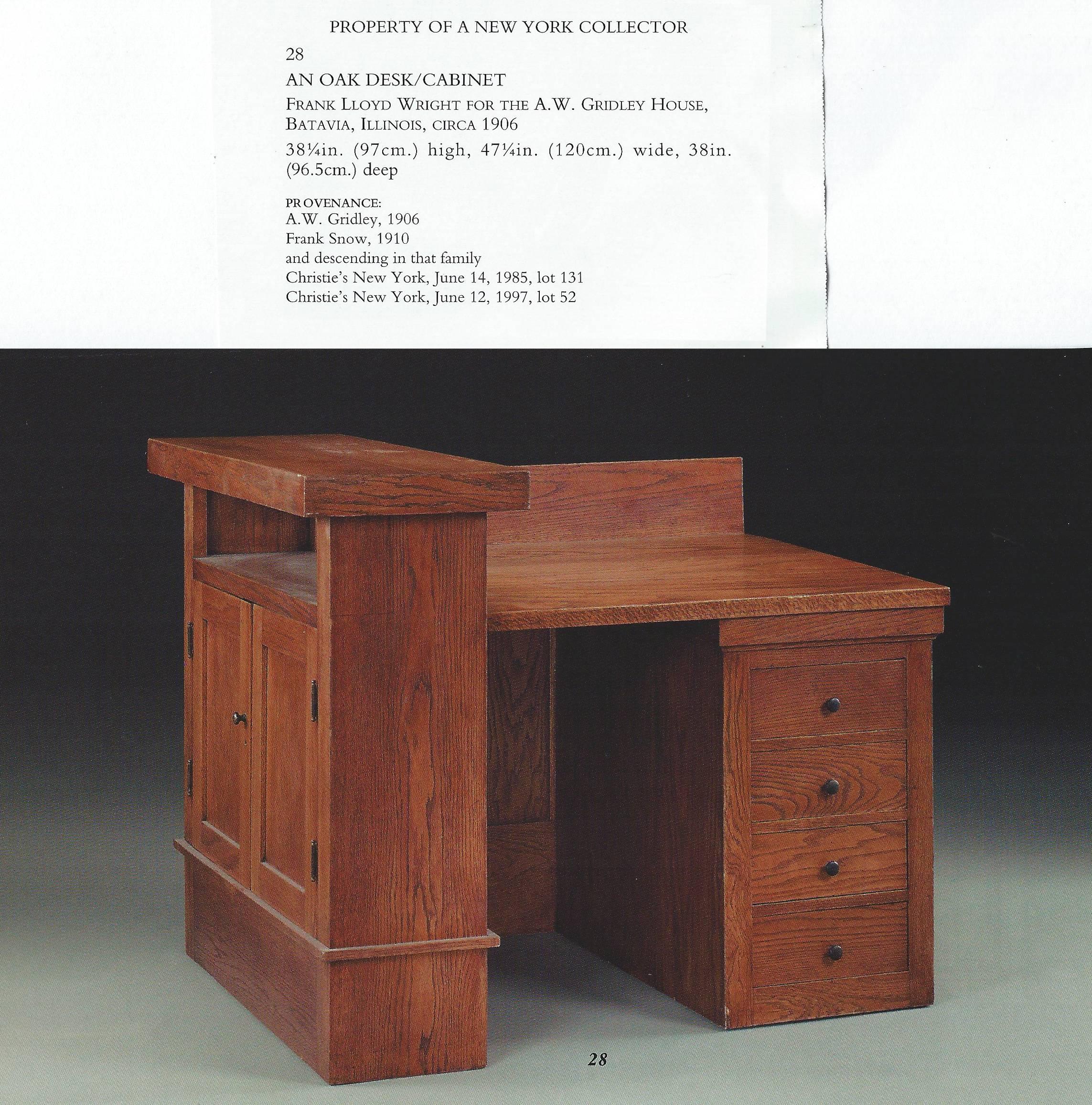 An oak desk / cabinet by Frank Lloyd Wright for the A. W. Gridley House, Batavia, Illinois, circa 1906 - Provenance: A. W. Gridley, 1906 - Frank Snow, 1910 and descending in that family - Christie's New York, June 14 1985, lot 131 - Christie's New