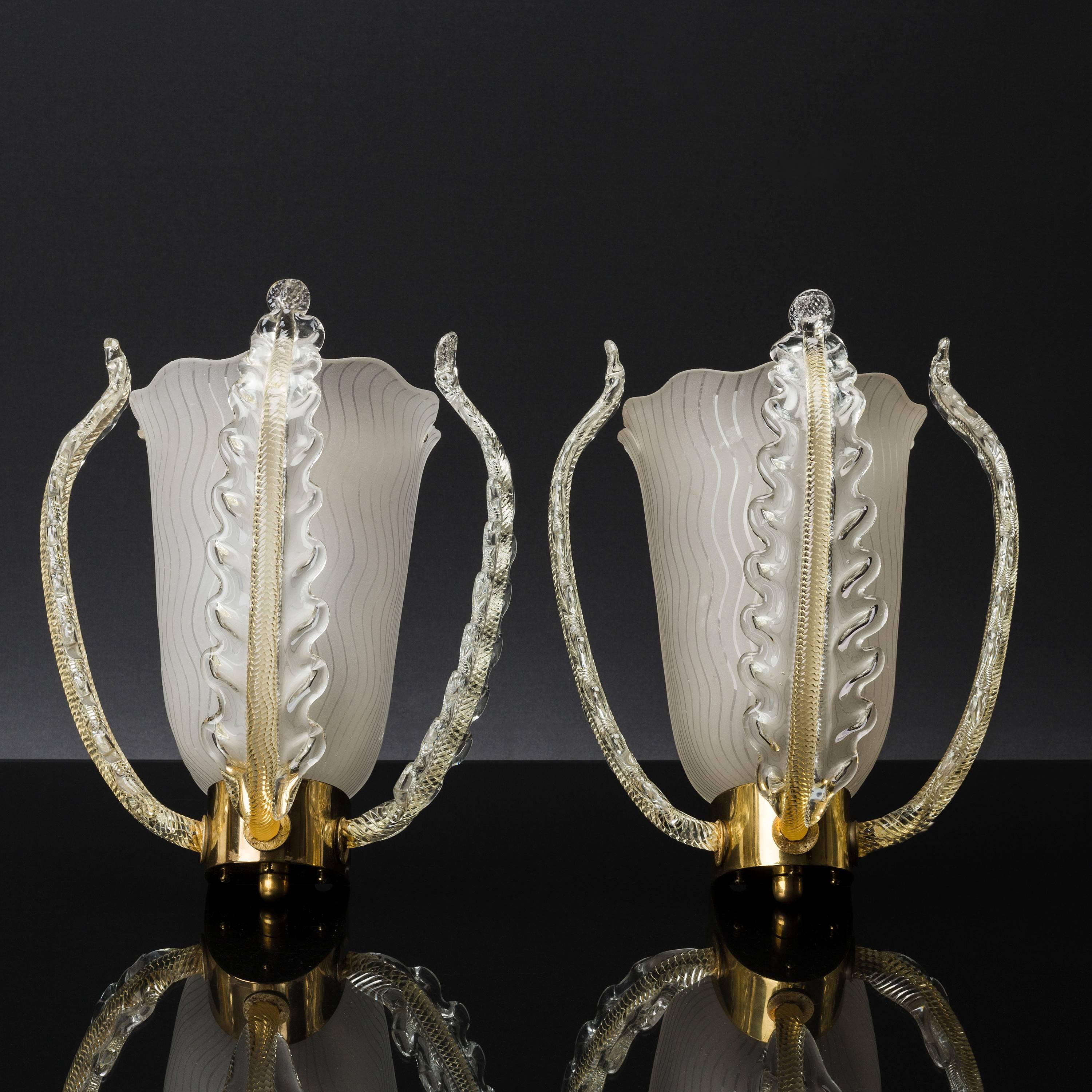 Swedish Pair of Orrefors Brass and Glass Leaf Sconces For Sale