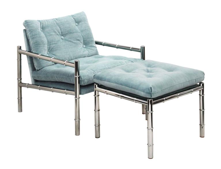 Mid-Century Modern Chair and Ottoman in Chrome with Bamboo Motif