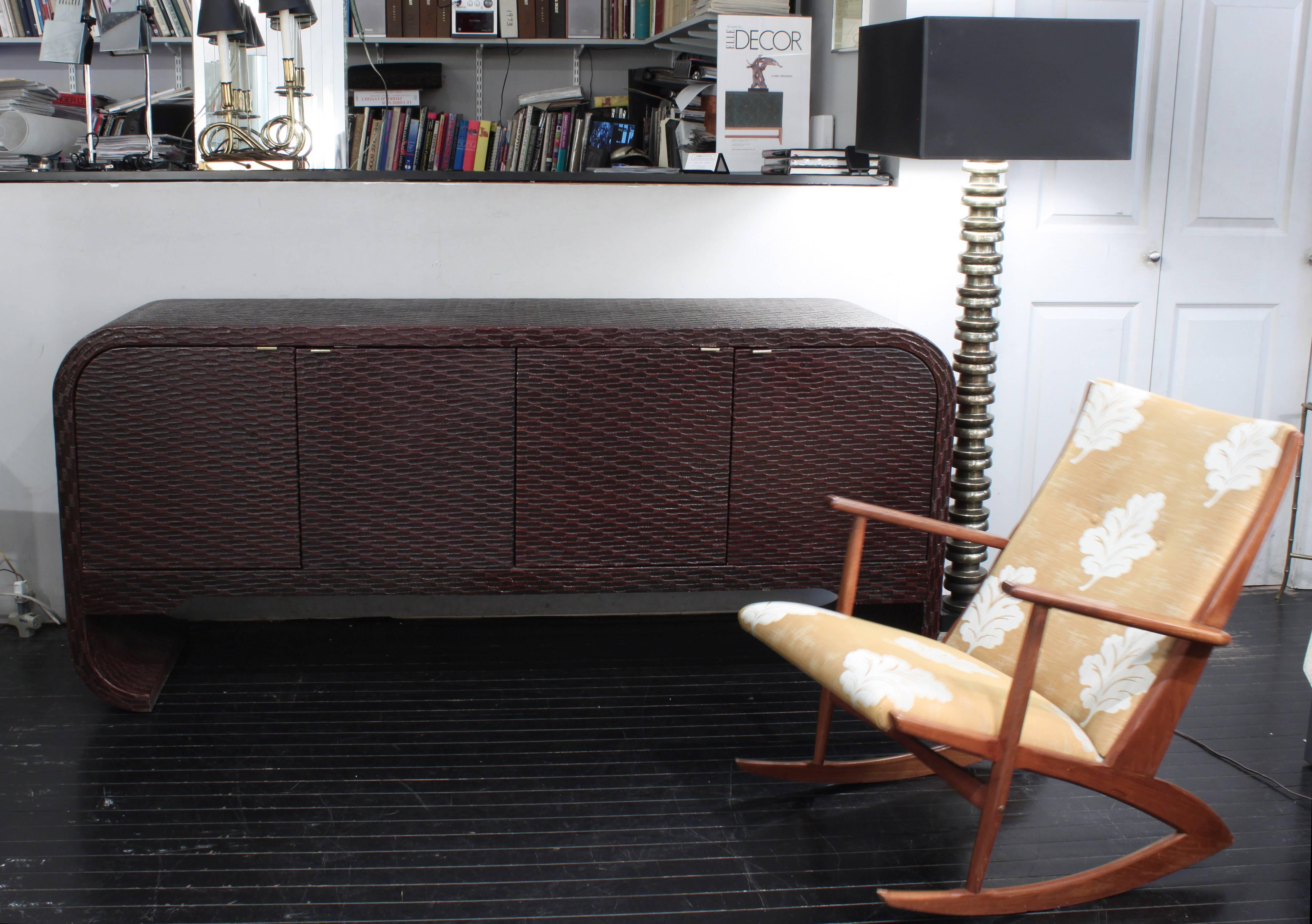 Late 20th Century Credenza in Lacquered Grass Cloth with Brass Pulls