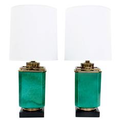 Pair of Impressive Table Lamps in Green Ceramic by Stiffel Lighting