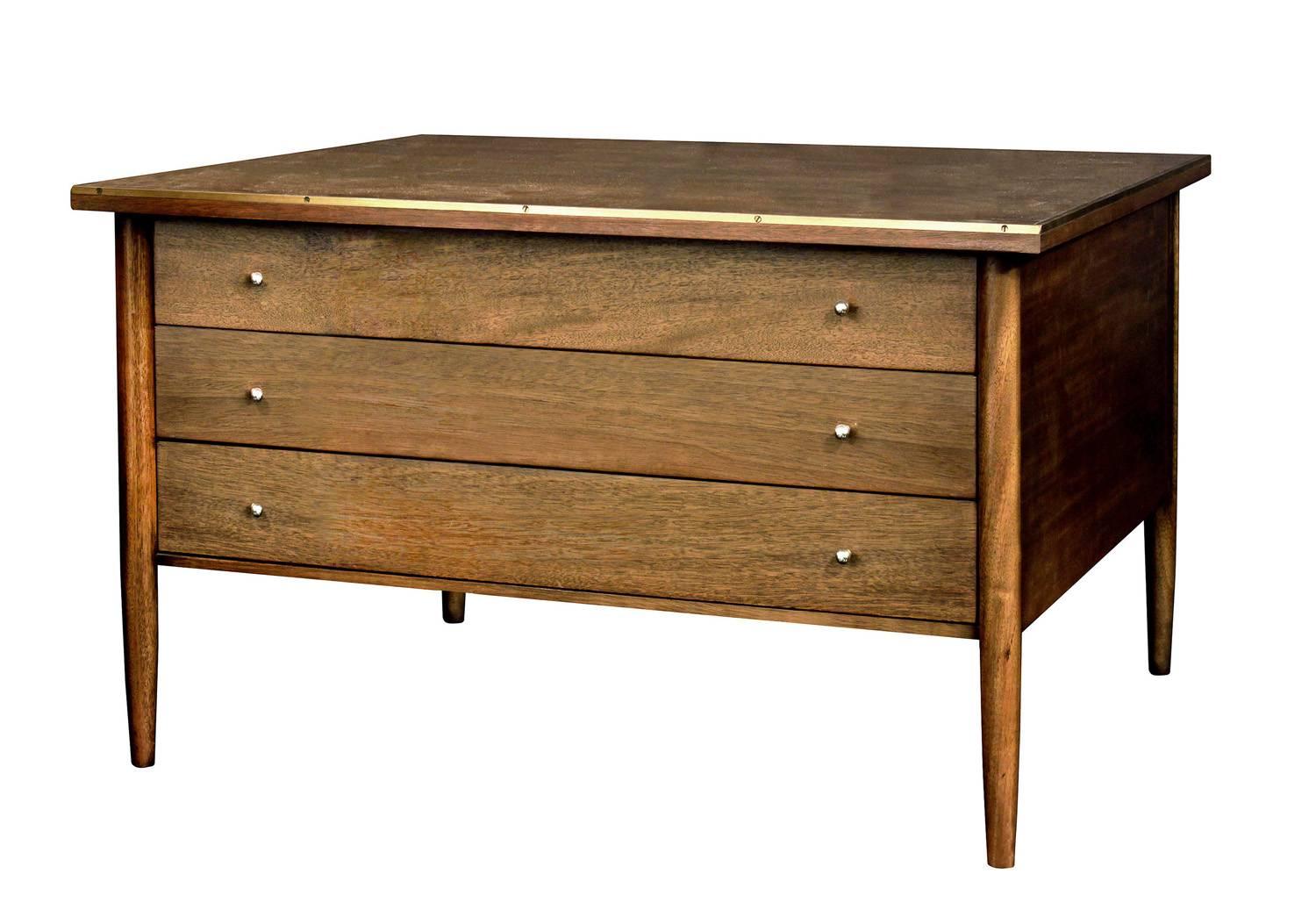 Inlaid brass edged coffee and end table model no. 7012 in mahogany with three drawers by Paul McCobb, American, 1950s.
