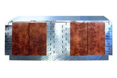 Exceptional Burl Wood and Tessellated Chrome Credenza by Paul Evans