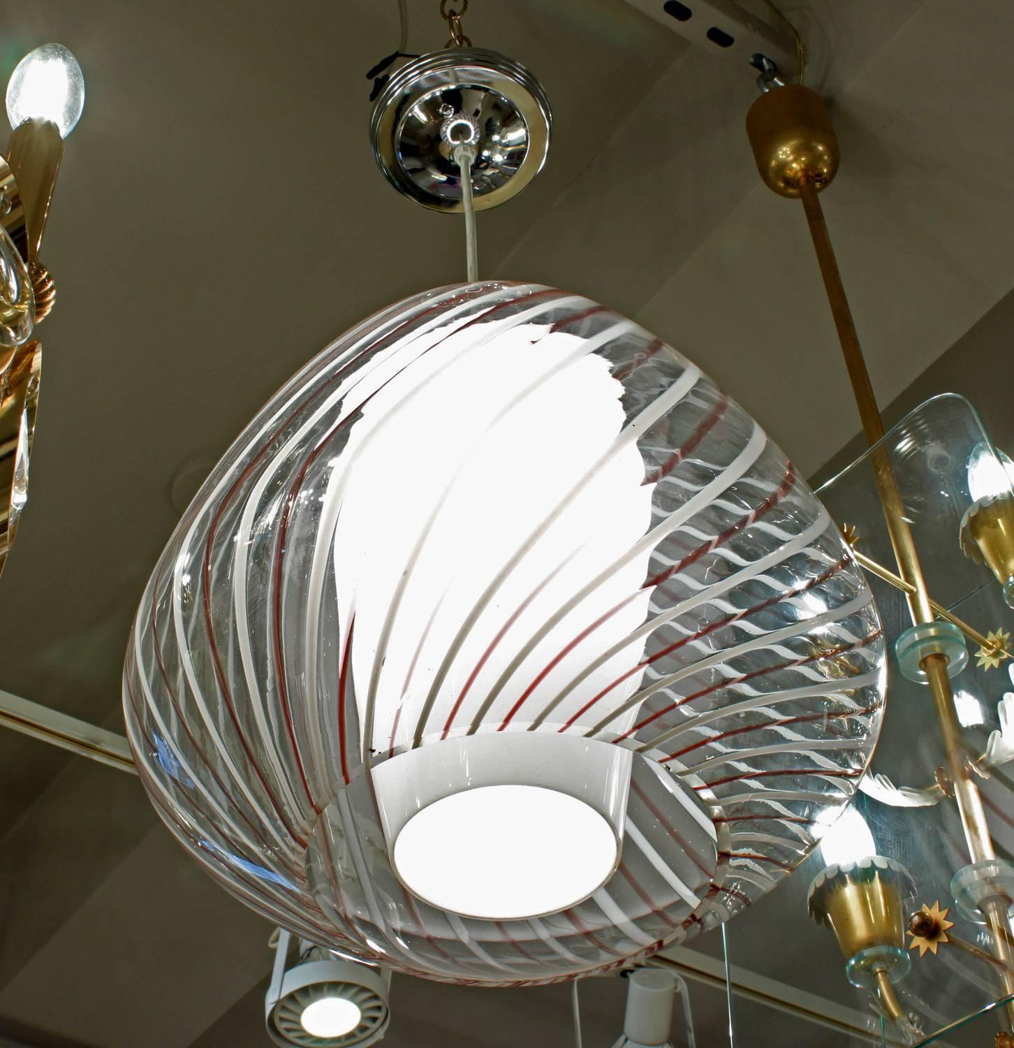 Glass pendant chandelier, with handblown glass shade over white glass cone, Murano, Italy, 1950s.