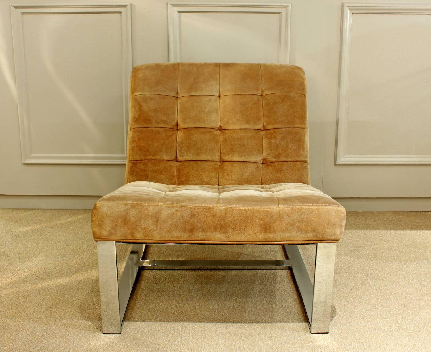 Pair of chic slipper chairs, tufted suede with chrome frames, by Milo Baughman for Thayer Coggin, American 1971 (original labels under chairs.) These are very sculptural and a great example of Baughman's design skill.