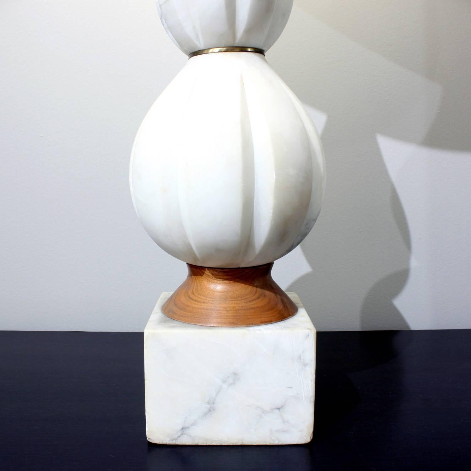Hand-carved white alabaster table lamp on marble base with wood accent, Italian, 1960s.
