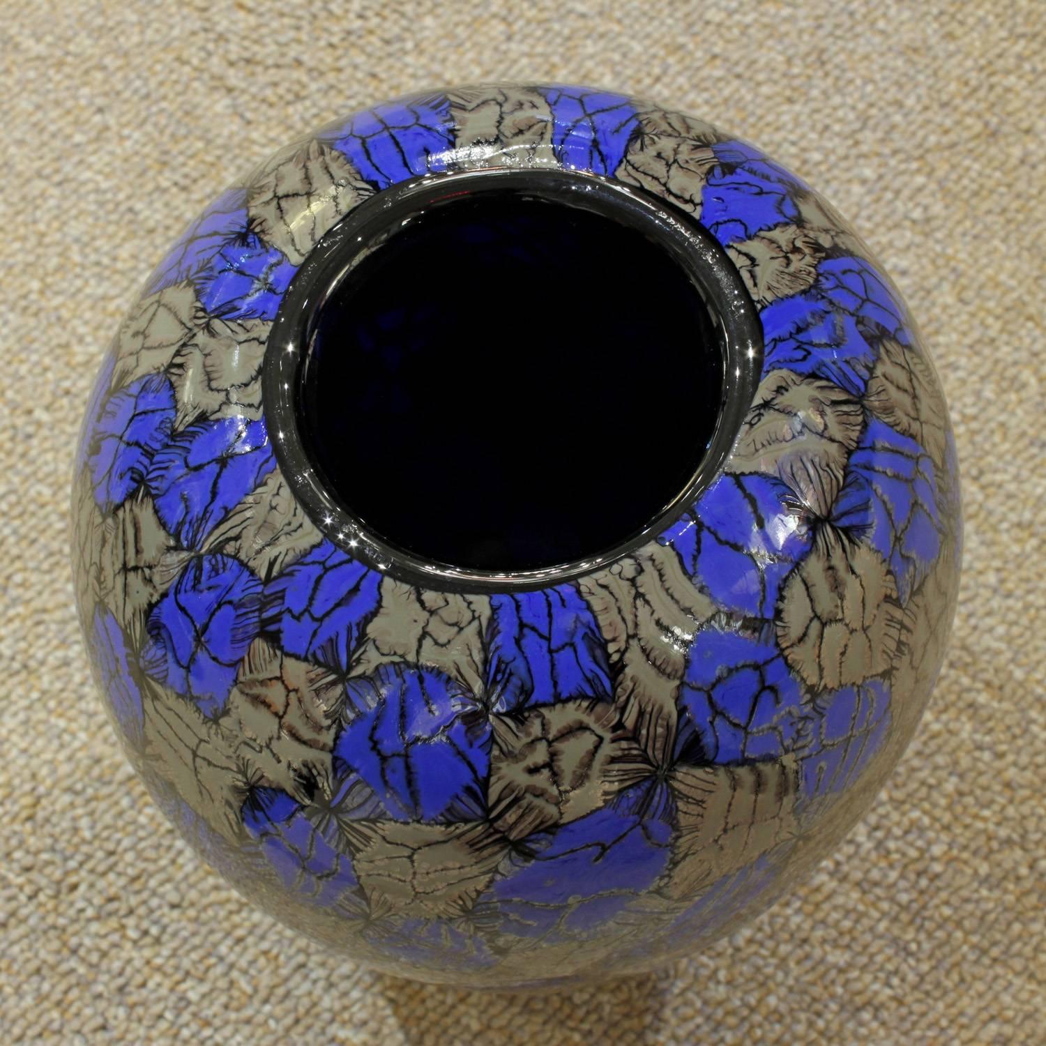 Handblown glass vase, footed with unique gunmetal and blue murrhines by 
Vittorio Ferro for Fratelli Pagnin, Murano Italy, circa 2000 (signed 