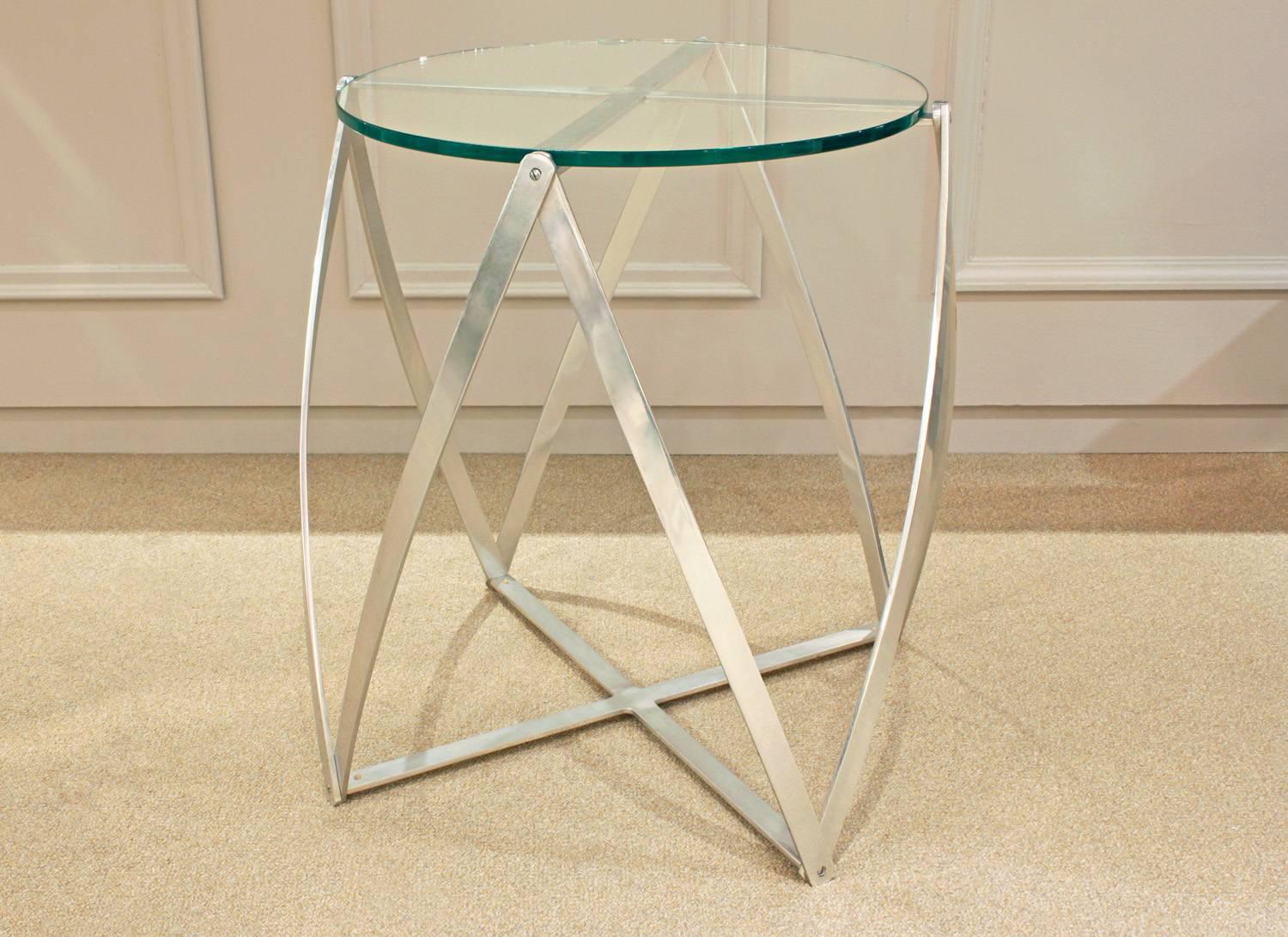 Sculptural end table in brushed aluminum with inset glass top by John Vesey, American, 1970s.