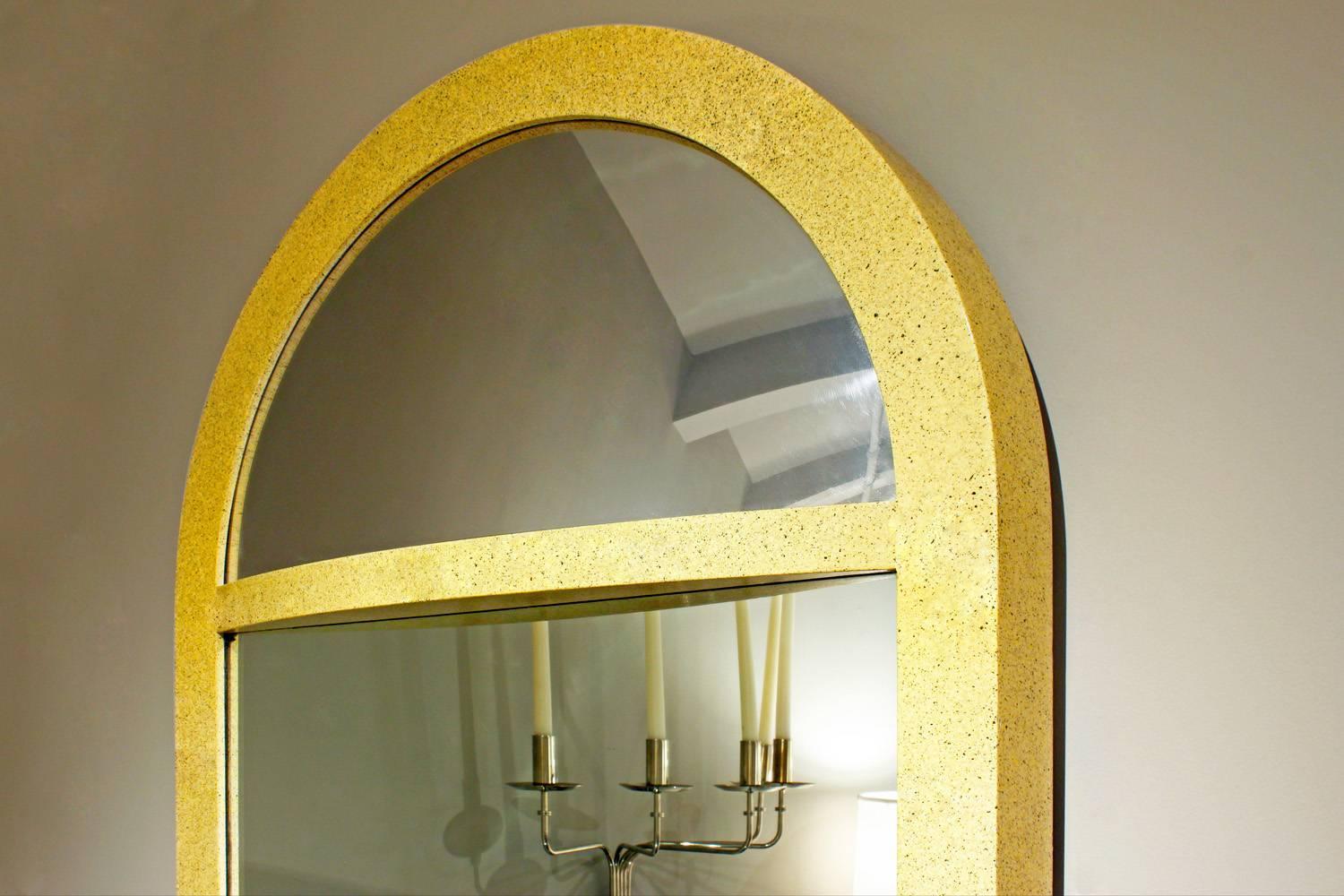 Pair of large wall hanging mirrors with custom speckled lacquer and convex mirrors on top by Karl Springer, American, 1970s.