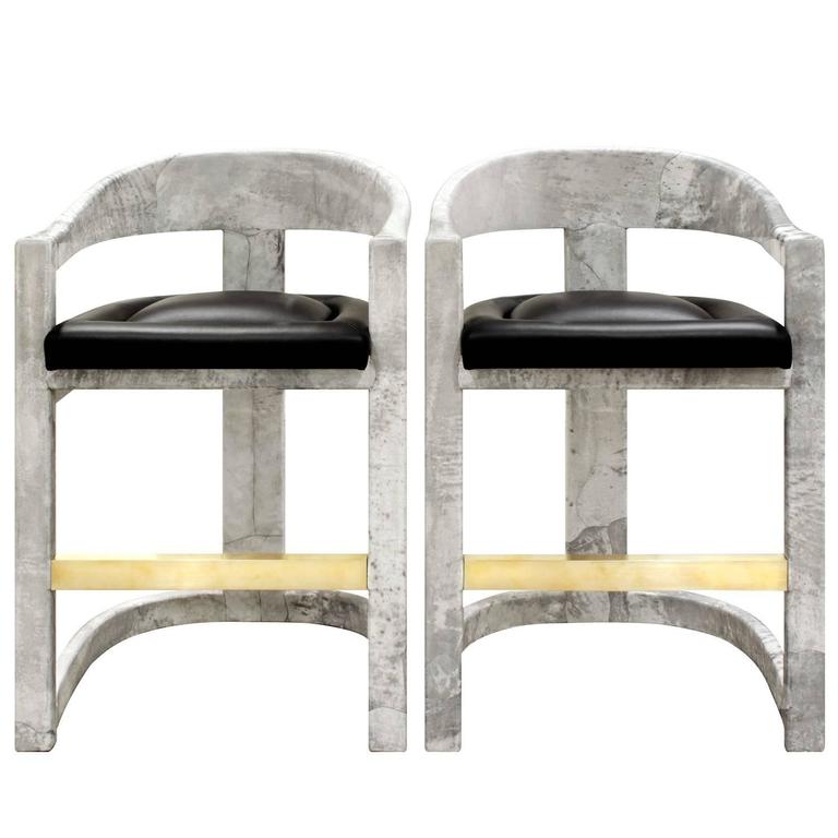 1980s Furniture pair of karl springer goatskin onassis bar stools, 1980s for sale 1980s Furniture pair of karl springer goatskin onassis bar stools, 1980s for sale