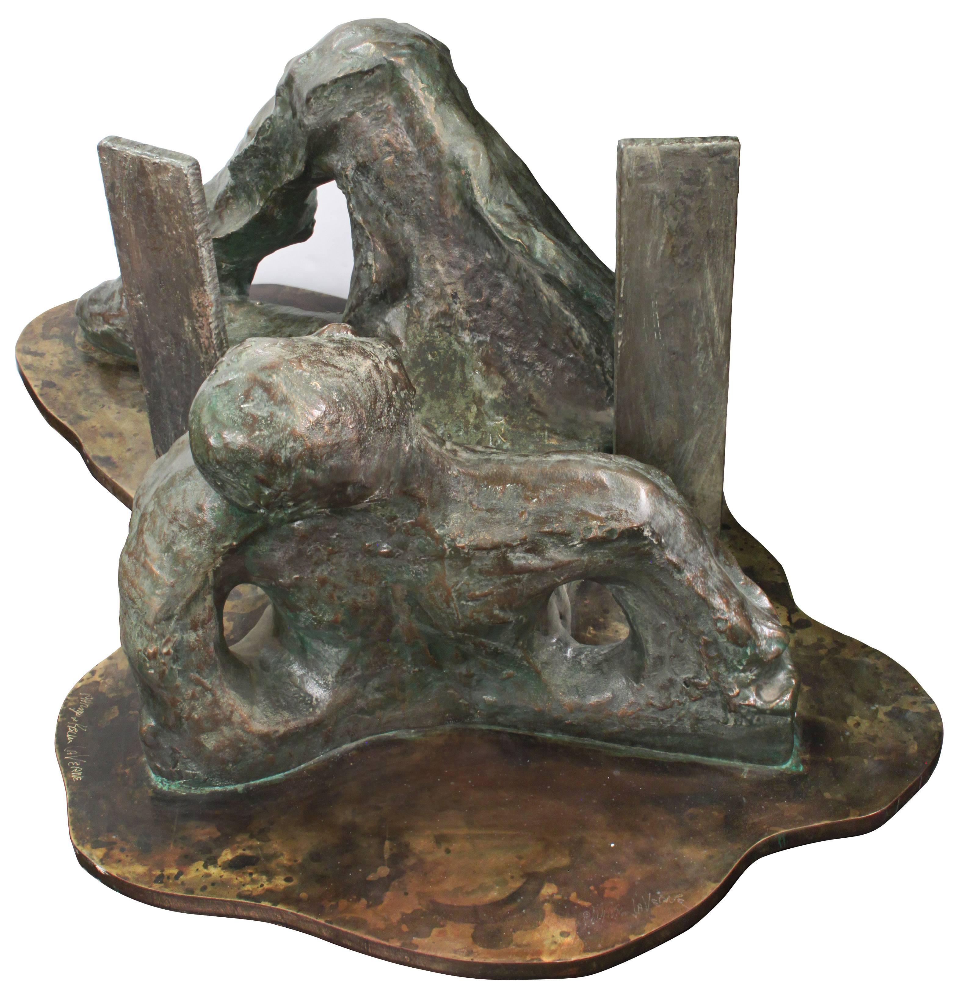 “Silence” an exceptional one-of-a-kind large coffee table of a reclining figure, cast solid bronze with a patinated bronze base, with a thick glass top by Philip and Kelvin Laverne, American, 1970s (signed “Philip and Kelvin Laverne”). This is a