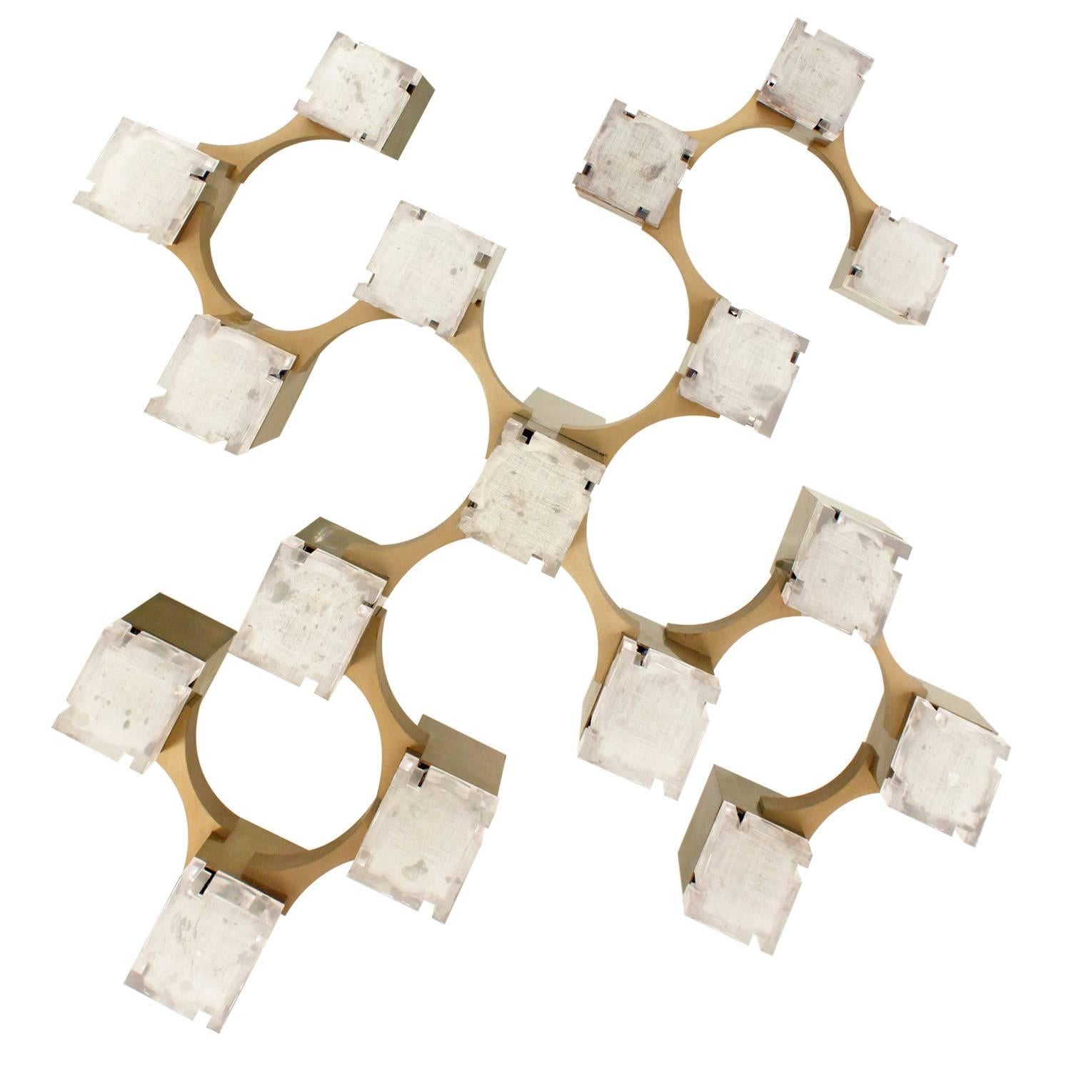 Cubist chandelier in bronze with frosted Lucite shades by Sciolari, Italy, 1960s.