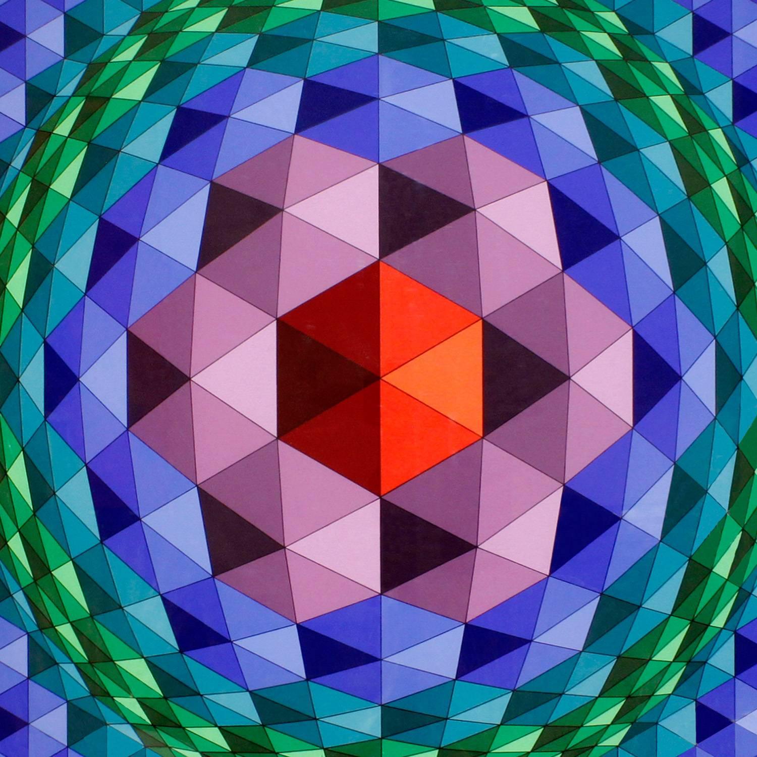 Farbenfrohe abstrakte Lithografie mit ikonischem geometrischem Motiv von Victor Vasarely, Amerikaner, 1970er Jahre (signiert und nummeriert 137/250). Vasarely gilt weithin als der Vater der Op Art.