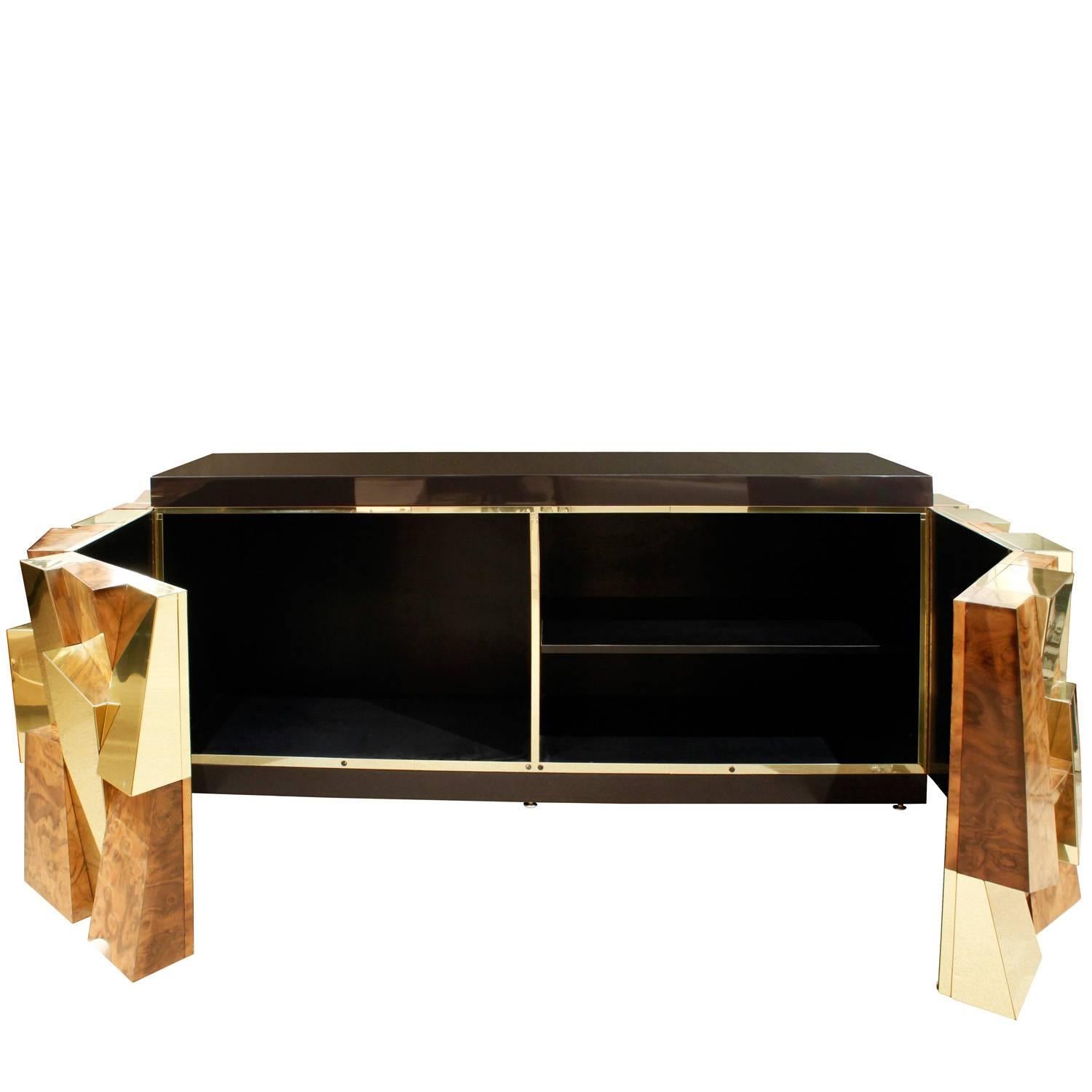 Modern Paul Evans Faceted Burl and Brass Credenza, 1965