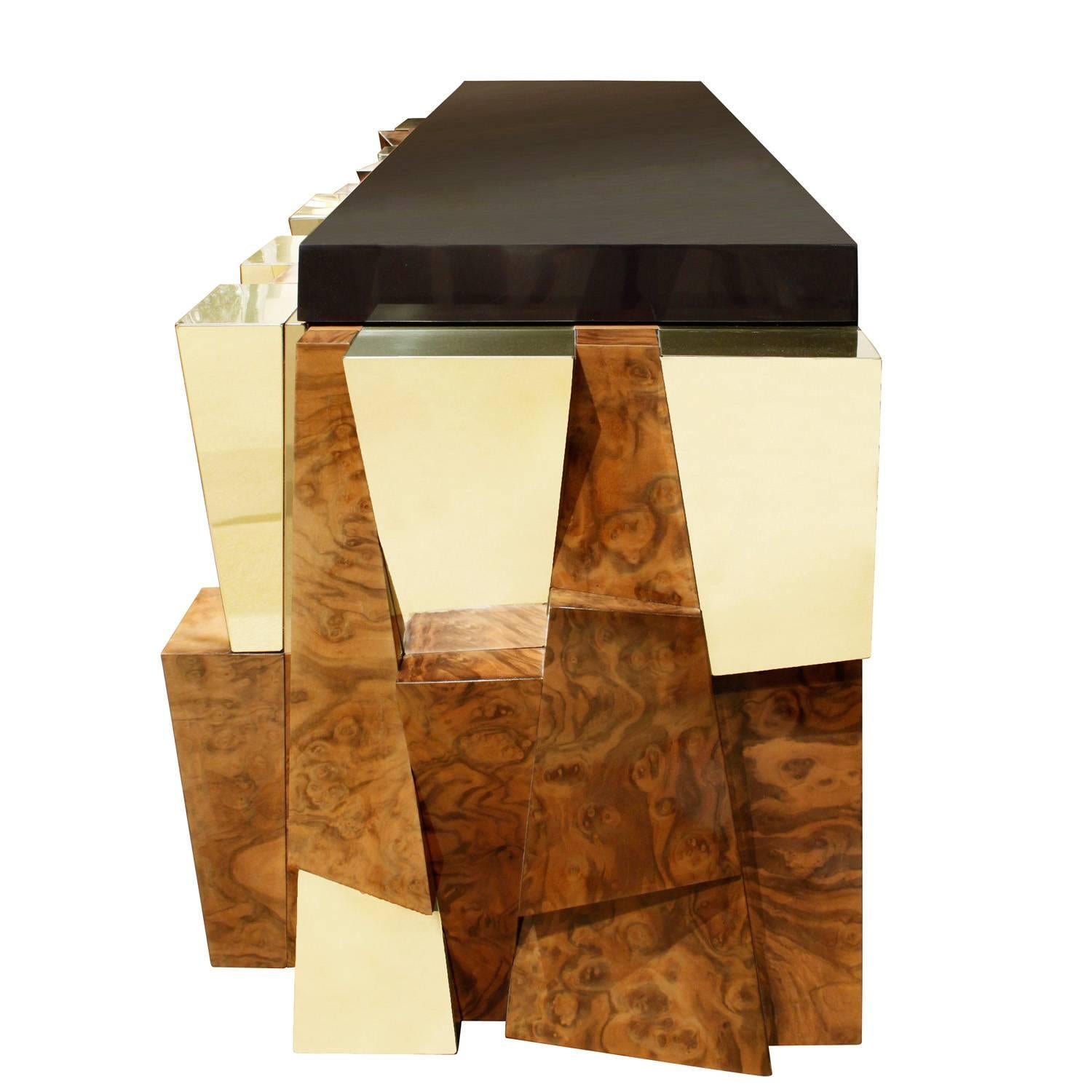American Paul Evans Faceted Burl and Brass Credenza, 1965