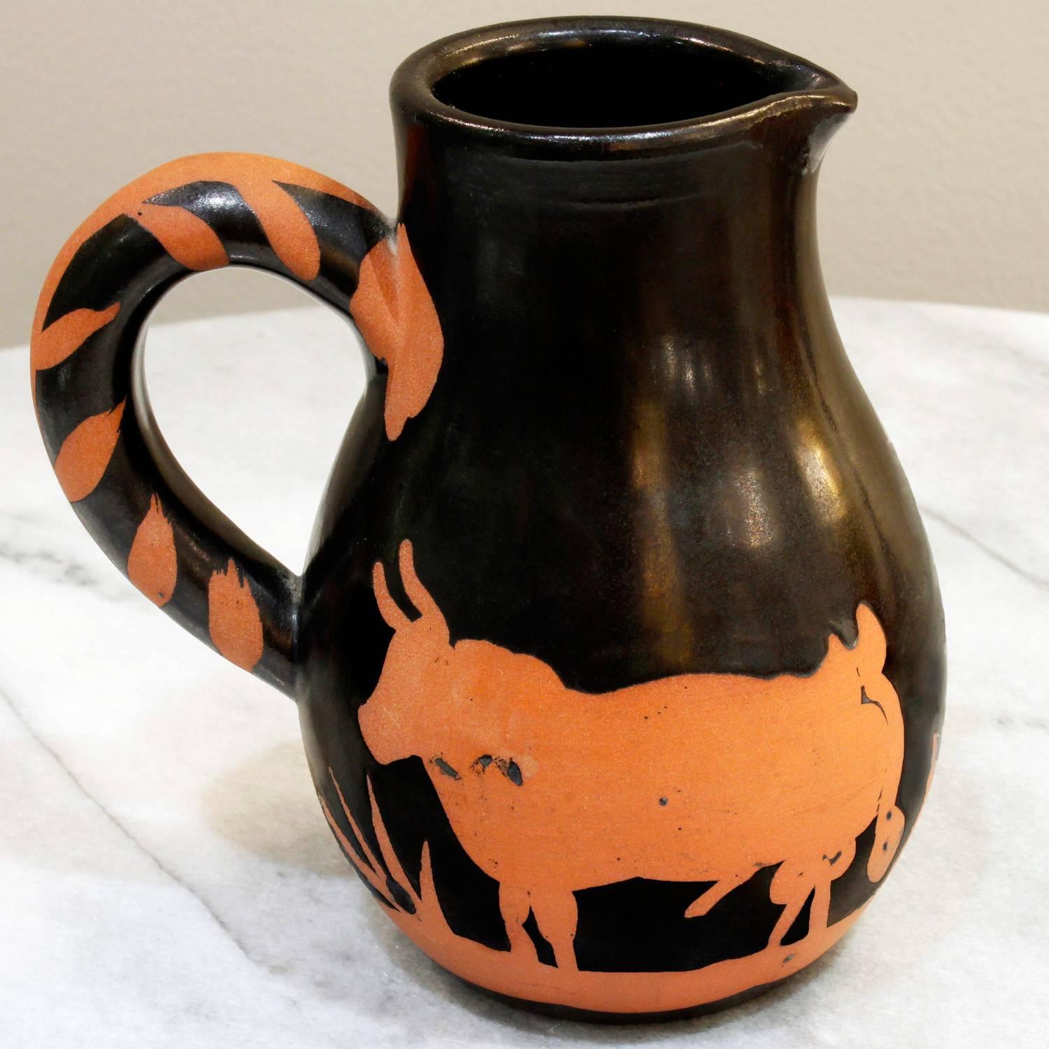 Hand-thrown partially glazed terracotta pitcher Picador (Alain Ramie 162) marked 'Edition Picasso/Madoura' on bottom, France 1952 (edition of 500).