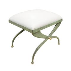 Verdigris Wrought Iron Bench with Leather Seat, 1970s