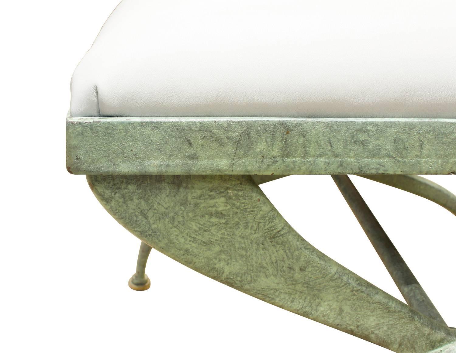 Hand-Crafted Verdigris Wrought Iron Bench with Leather Seat, 1970s