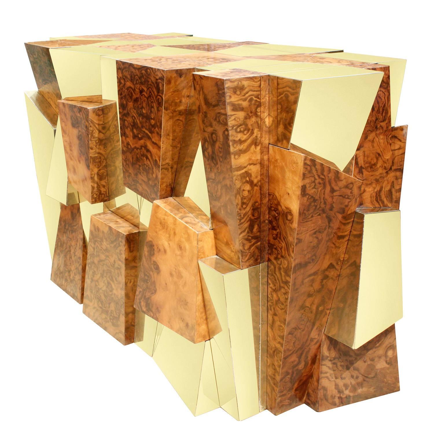 Sculptural and Iconic console or dining table base, model No. PE-397 in walnut burl and brass, by Paul Evans for Directional Furniture, American, 1970s. This piece is beautifully made and can accommodate a large glass top.
   