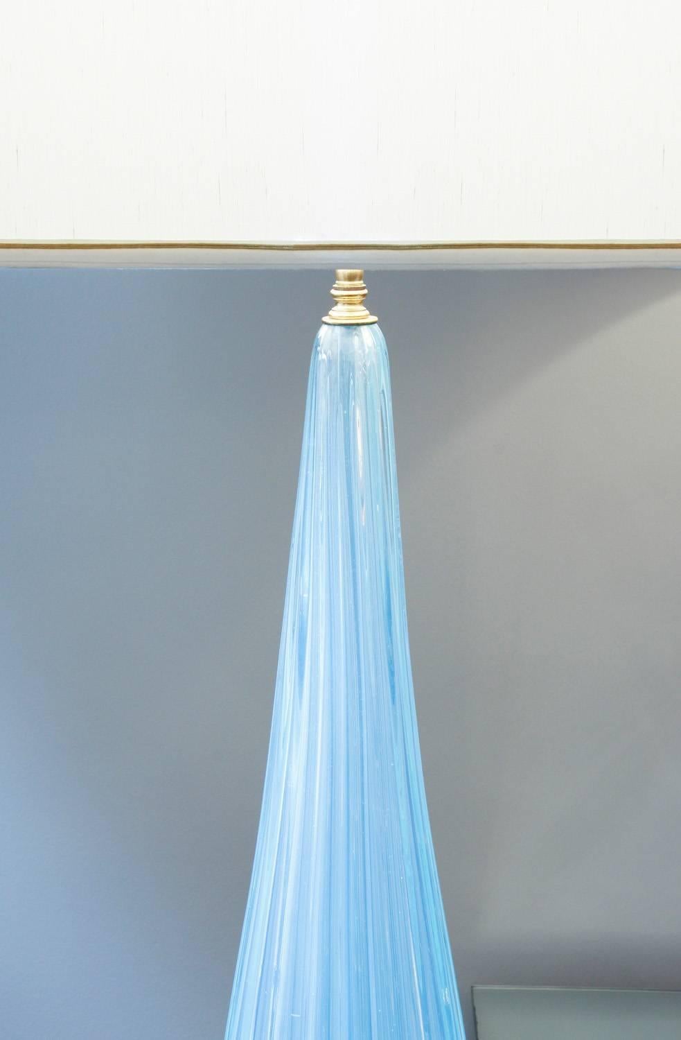 Monumental handblown blue glass table lamp, footed with channelled body by Barovier & Toso, Murano Italy, 1950s.