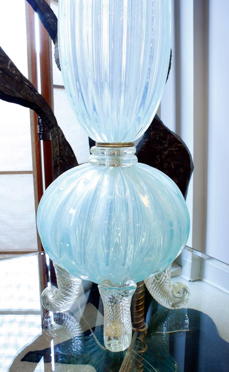 Modern Barovier & Toso Monumental Handblown Blue Glass Table Lamp, 1950s For Sale
