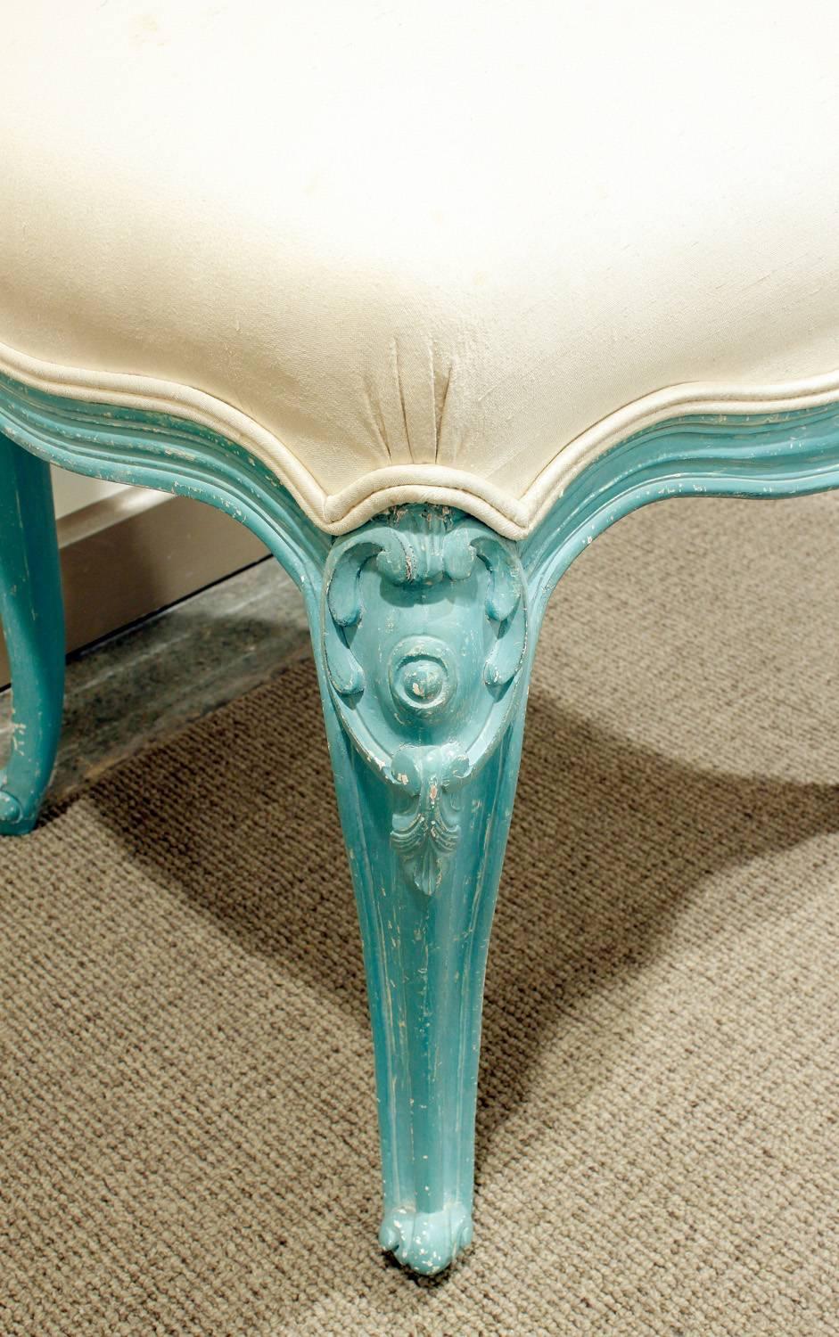 Set of Six Chic Louis XV Blue Lacquer Dining Chairs, 1970s For Sale 1
