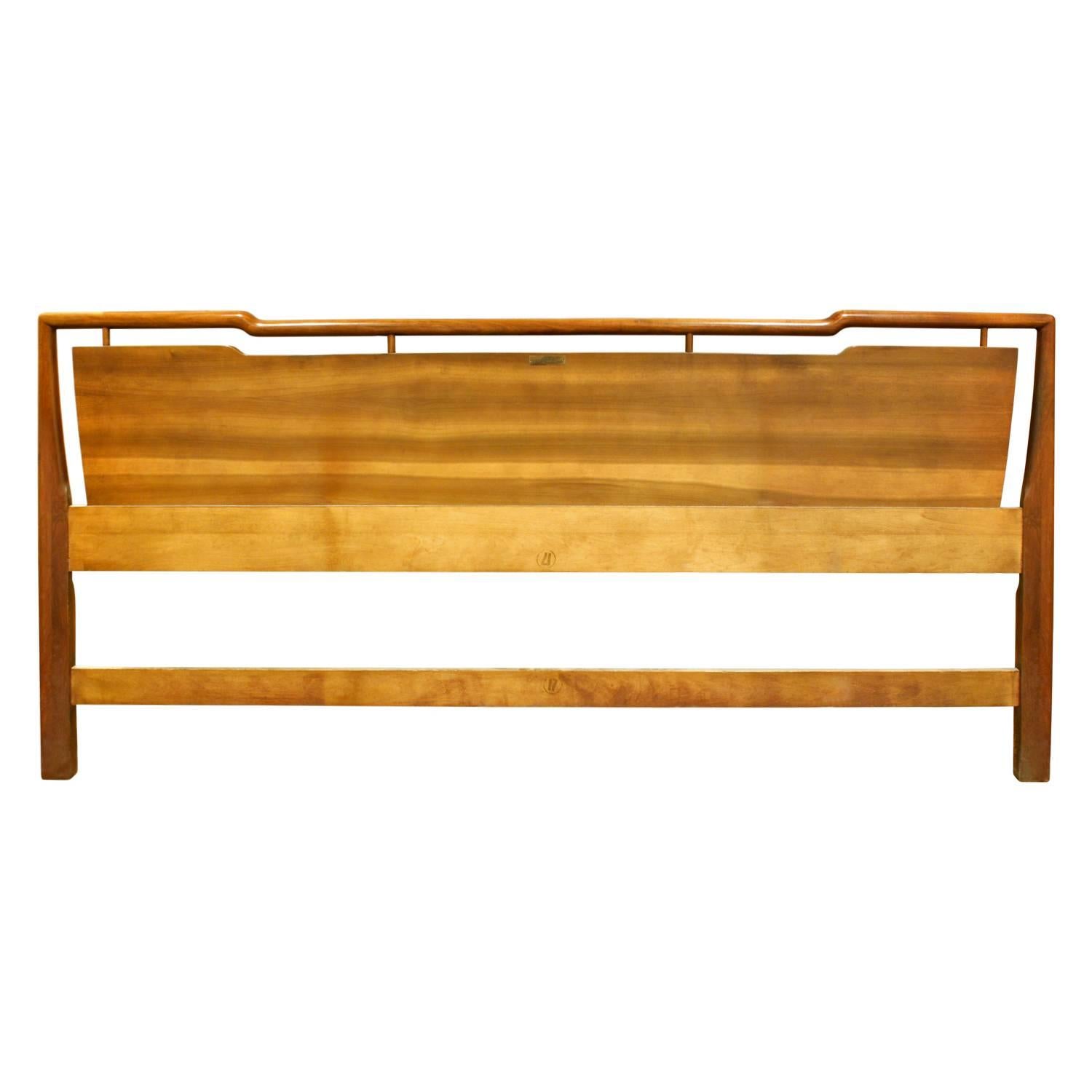 king-size head board in walnut with brass accents by JohnWiddicomb, American, 1950s (metal tag on back reads 