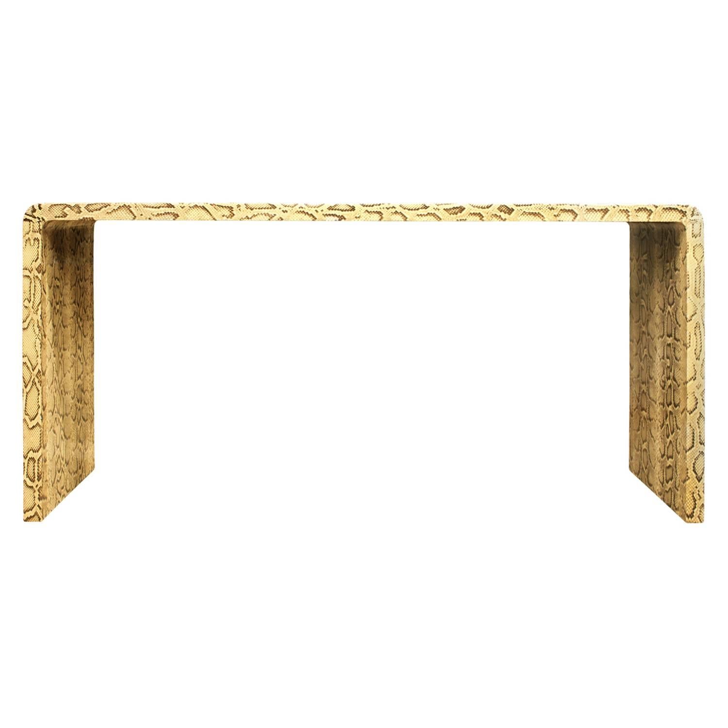 Exceptional waterfall console table in natural python by Karl Springer, American, 1970s. This is an iconic and chic Springer design.