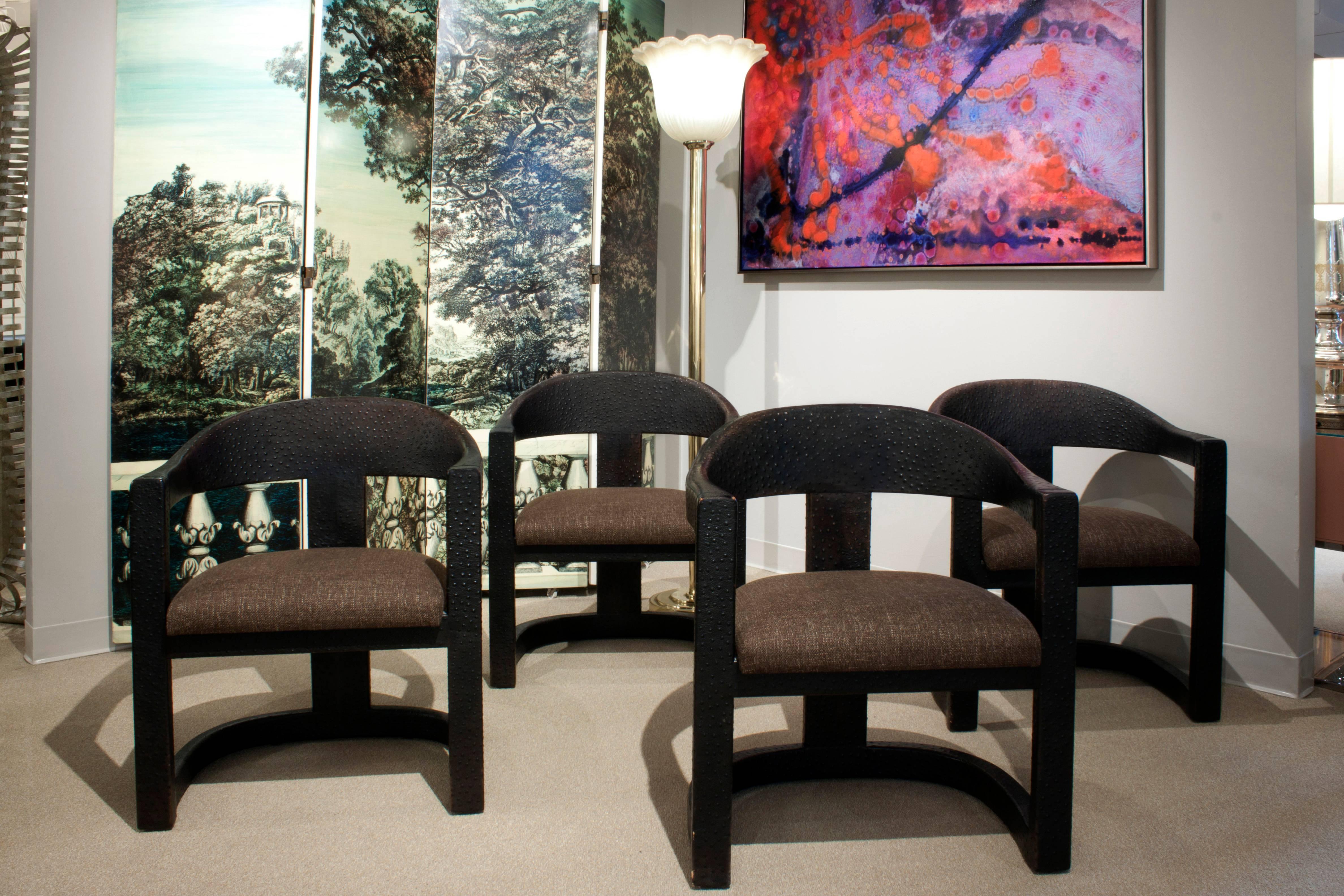 Ostrich Leather Karl Springer Set of Four Ostrich Onassis Chairs, 1984
