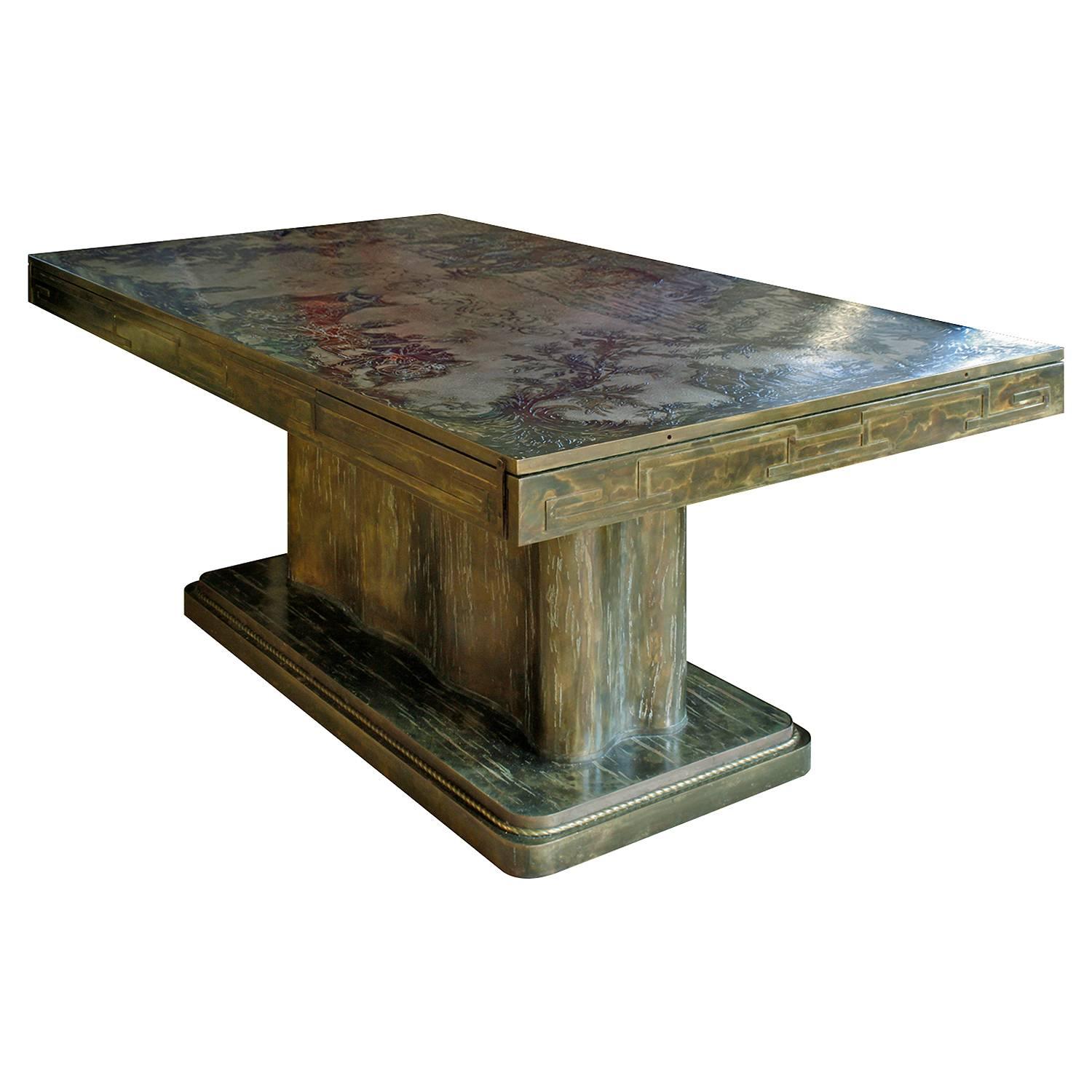 Rare and Important K'ang Hsi extension dining table in etched and patinated pewter and bronze with enamel colors by Philip & Kelvin LaVerne, American 1960s (signed on both leaves and center section, “Philip & Kelvin LaVerne”).  There are 4 symbols