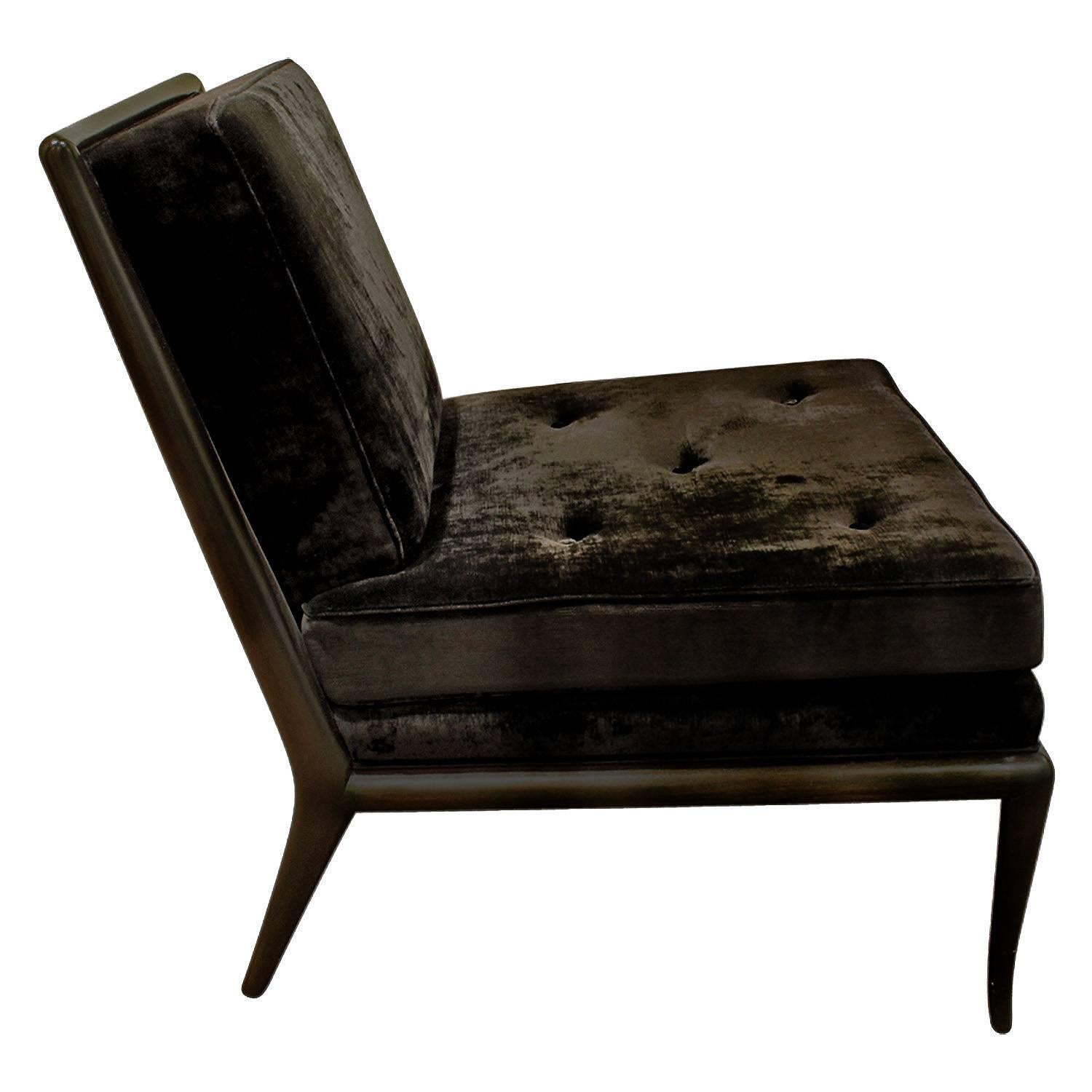 Modern T.H. Robsjohn-Gibbings Pair of Iconic Slipper Chairs in Black Velvet, 1950s