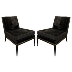 T.H. Robsjohn-Gibbings Pair of Iconic Slipper Chairs in Black Velvet, 1950s