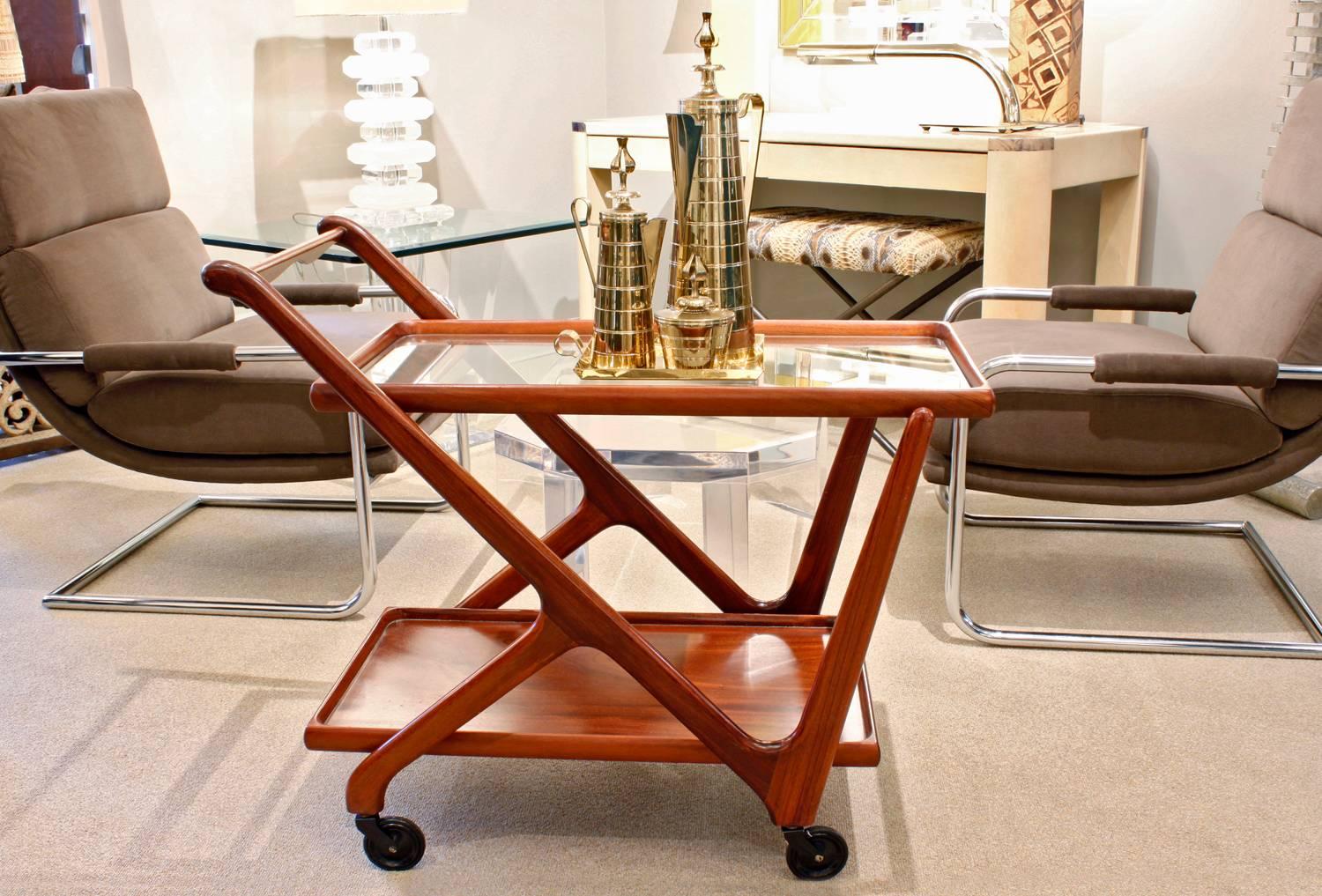Late 20th Century Cesare Lacca Elegant Rolling Cart with Glass Top, 1970s For Sale