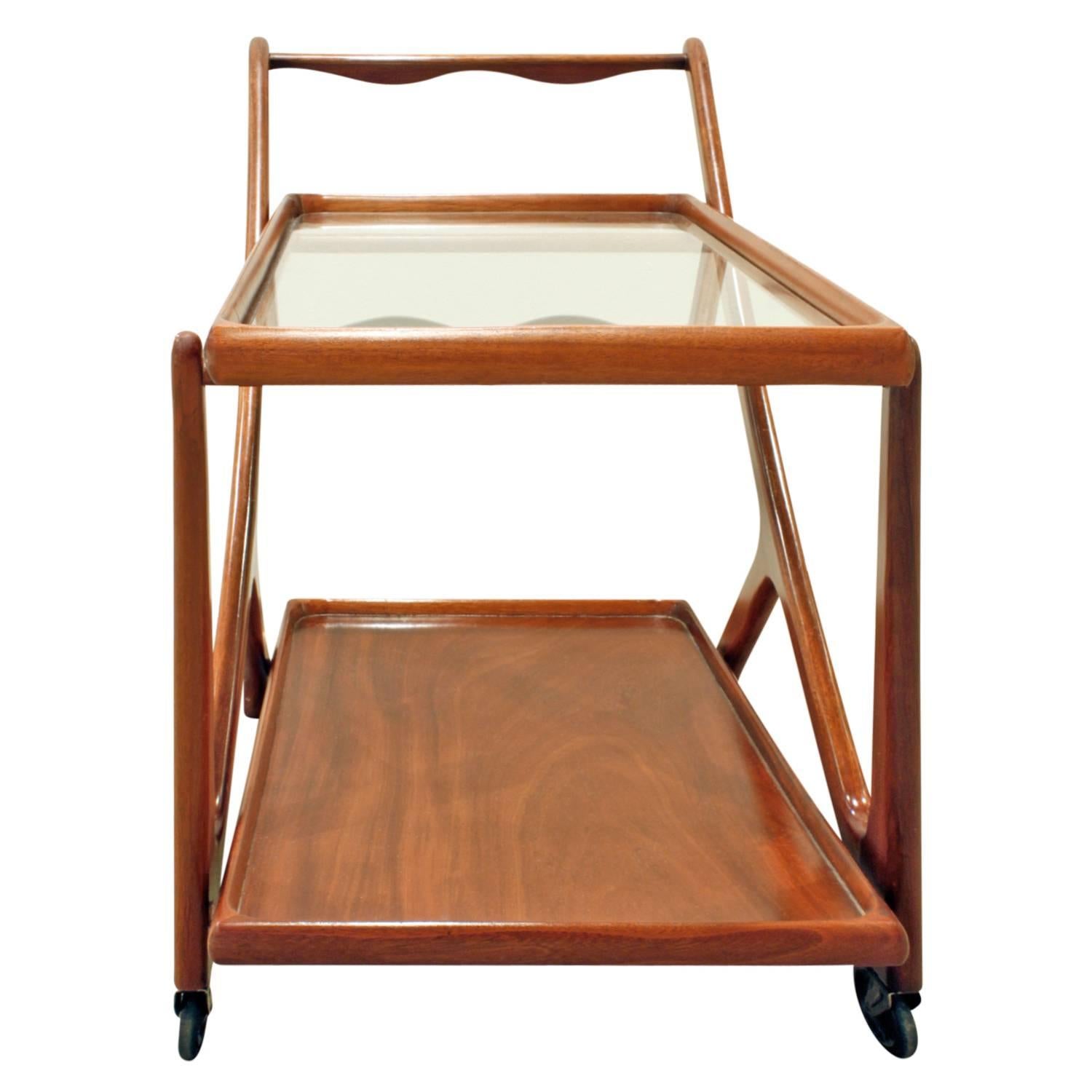 Mid-Century Modern Cesare Lacca Elegant Rolling Cart with Glass Top, 1970s For Sale