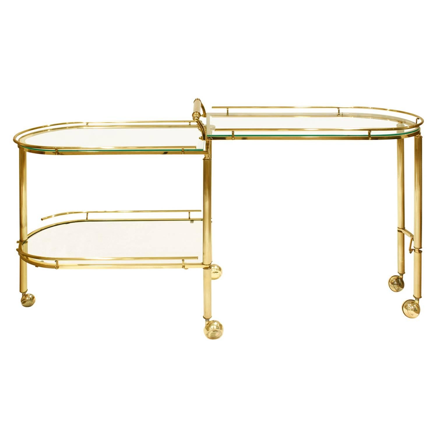 Expandable Rolling Brass and Glass Serving Cart 1960s In Excellent Condition In New York, NY