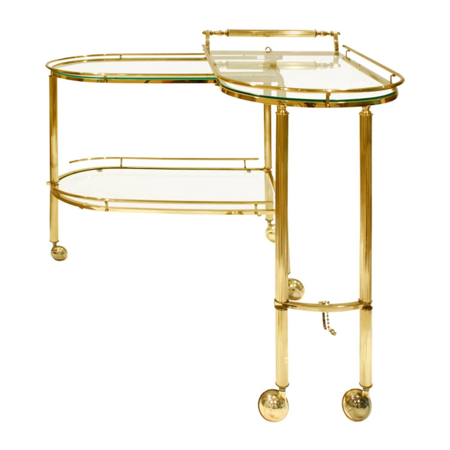 Hand-Crafted Expandable Rolling Brass and Glass Serving Cart 1960s