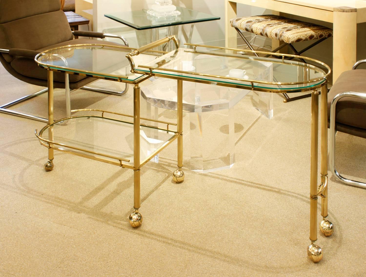 Expandable Rolling Brass and Glass Serving Cart 1960s 1