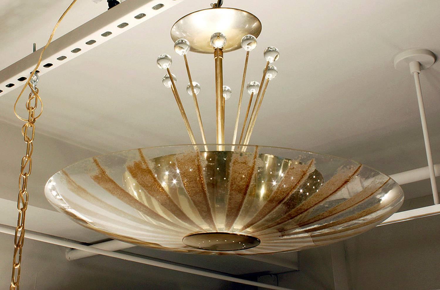 Hand-Crafted Gerald Thurston Glass Fixture with Brass Shade and Crystal, 1960s