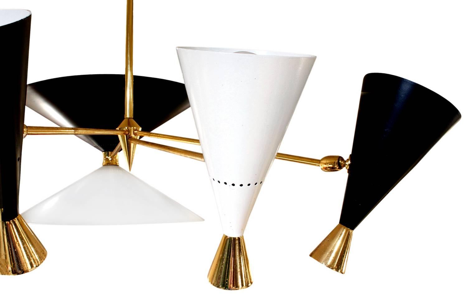 Italian Arredolce Chandelier in Polished Brass with Conical Shades, 1953