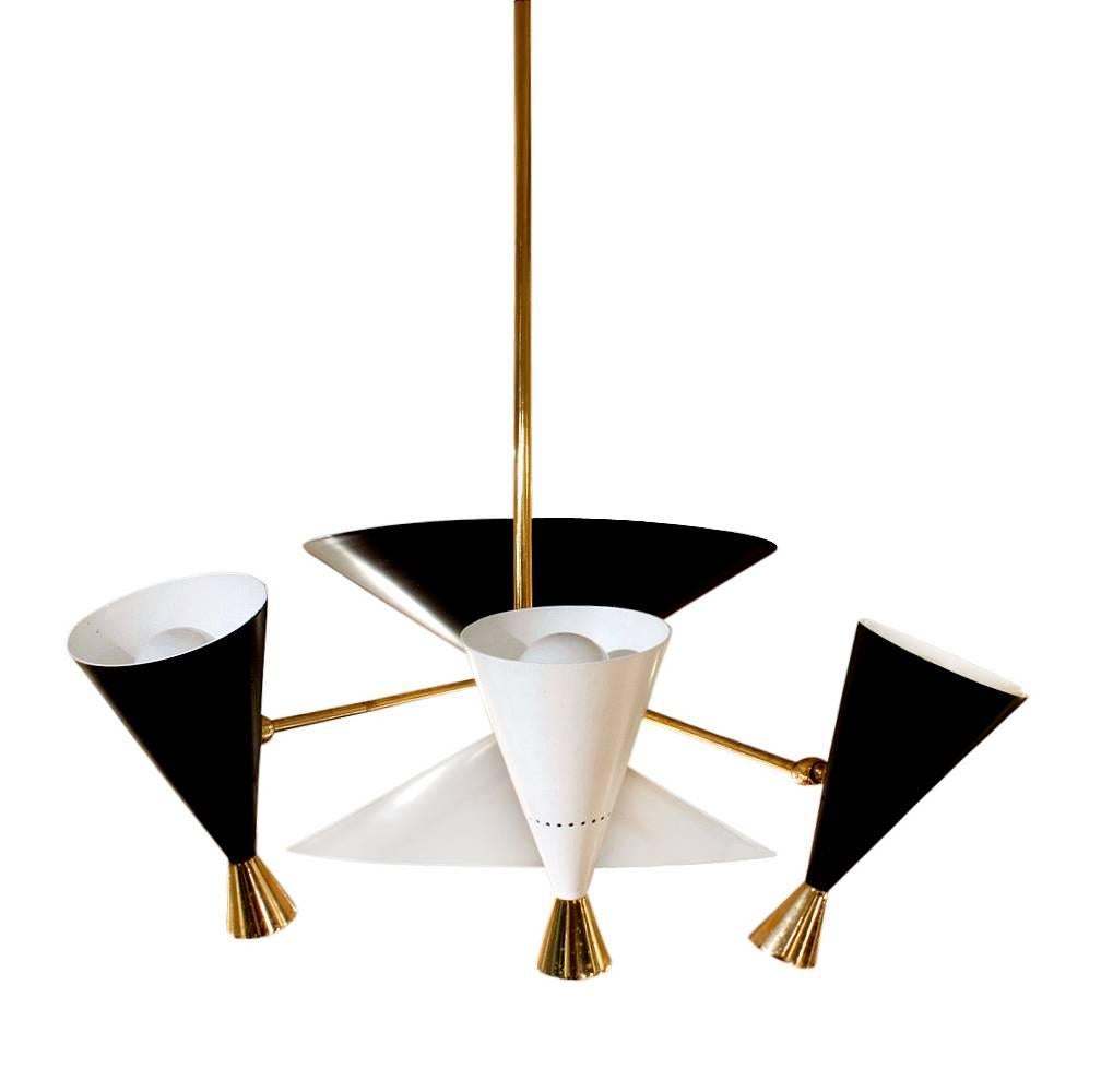 Mid-Century Modern Arredolce Chandelier in Polished Brass with Conical Shades, 1953