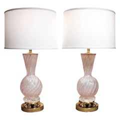 Barovier & Toso Pair of Handblown Pink Glass Lamps with Brass Bases, 1950s 10