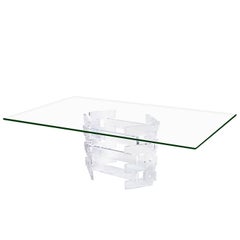 Dining Table with Sculpture Lucite Block Base, 1970s