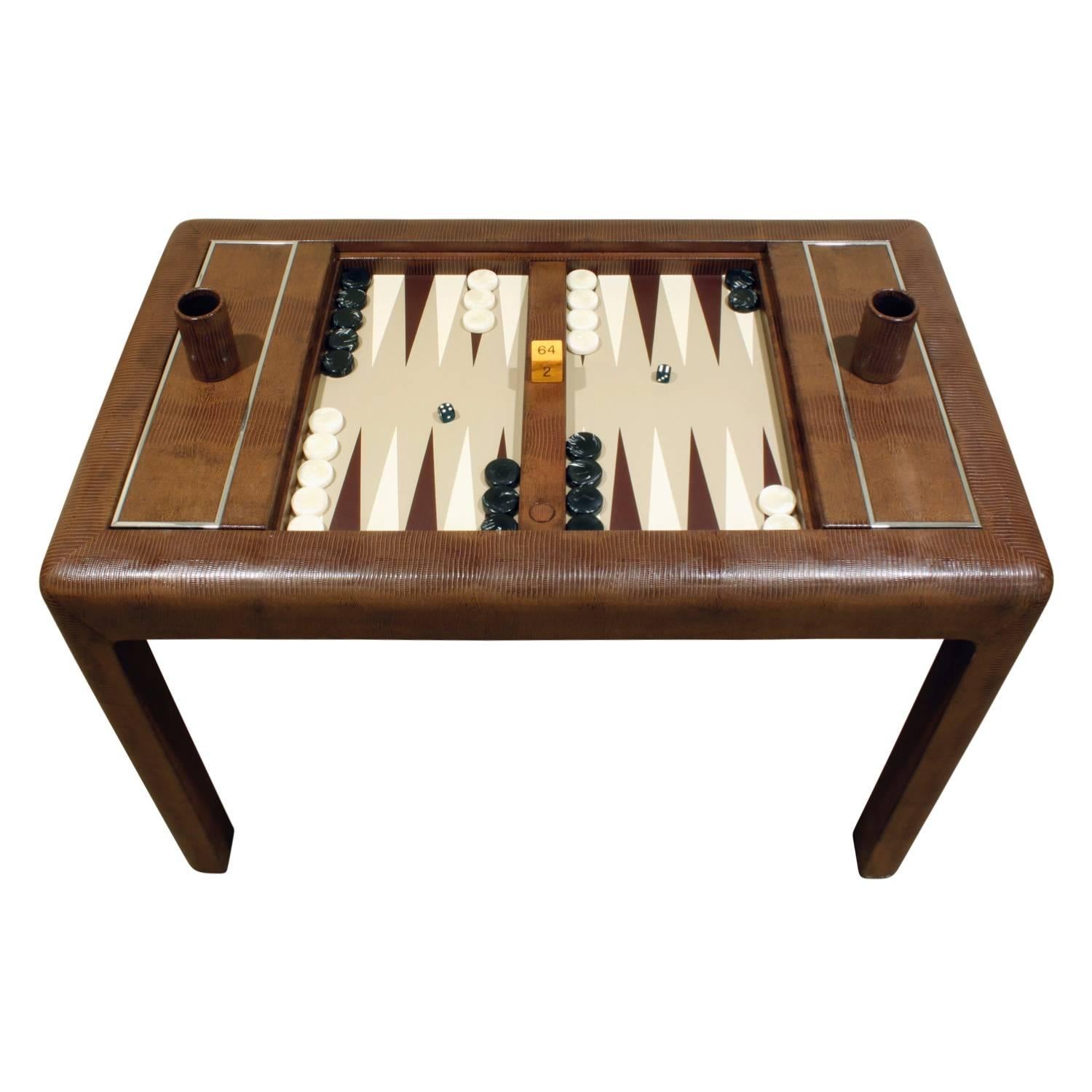 Karl Springer Embossed Lizard and Stainless Steel Backgammon Game Table, 1988 In Excellent Condition In New York, NY