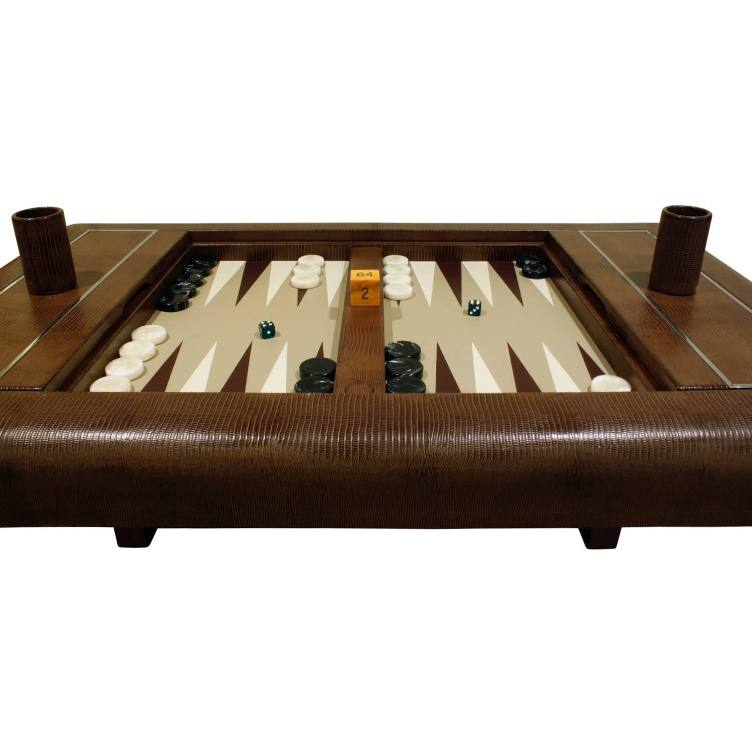 Late 20th Century Karl Springer Embossed Lizard and Stainless Steel Backgammon Game Table, 1988