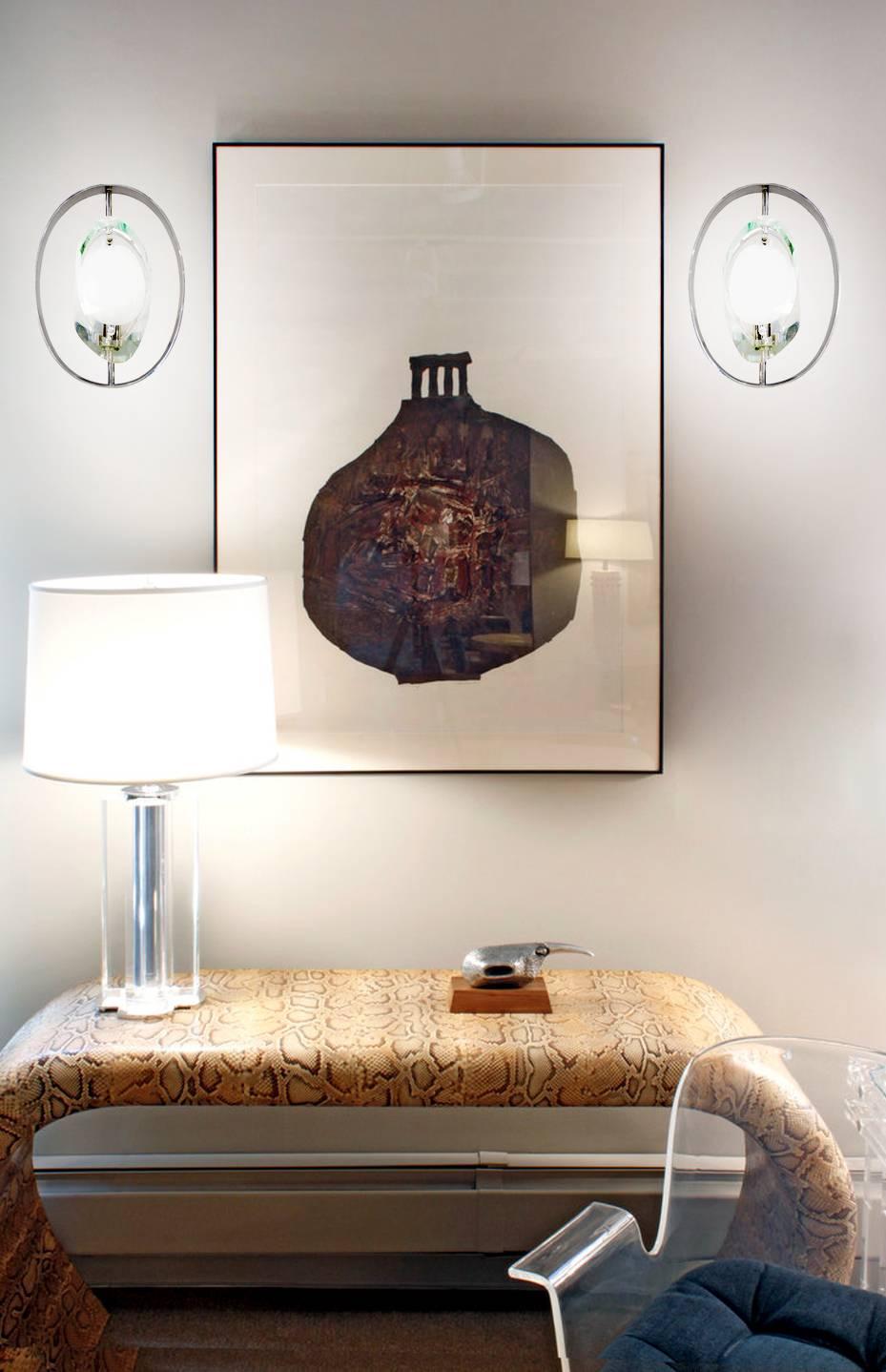 Pair of Glass Sconces, in the style of Max Ingrand for Fontana Arte, 1990s In Excellent Condition In New York, NY